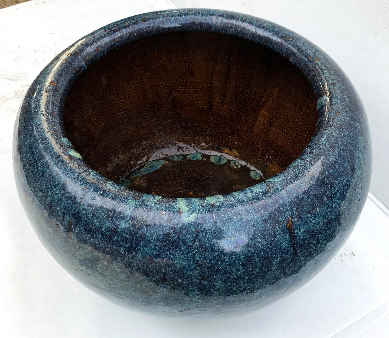 Antique Cobalt Blue Stoneware Water Vessel Planter - 6