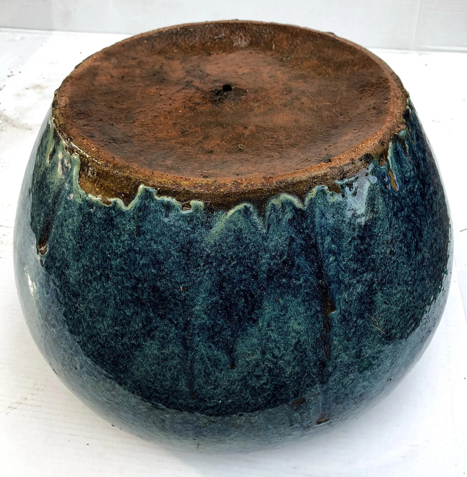 Antique Cobalt Blue Stoneware Water Vessel Planter - 8