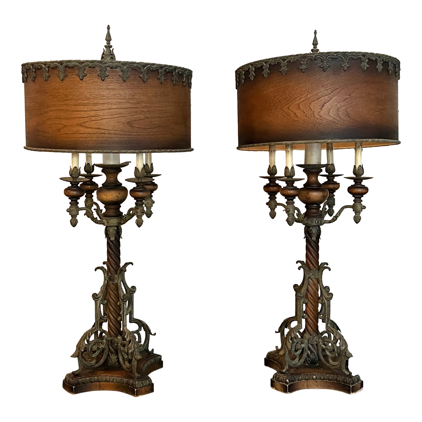Mid 20th Century Monumental Spanish Colonial Wood & Wrought Iron Table Lamps With Wood Lampshades -: Pair of Monumental Spanish Colonial Style Table Lamps Wood & Wrought Iron Base Wood Veneer Lampshades with fleur de lis detail. Switch on base controls pair of upper sockets and four lower sockets