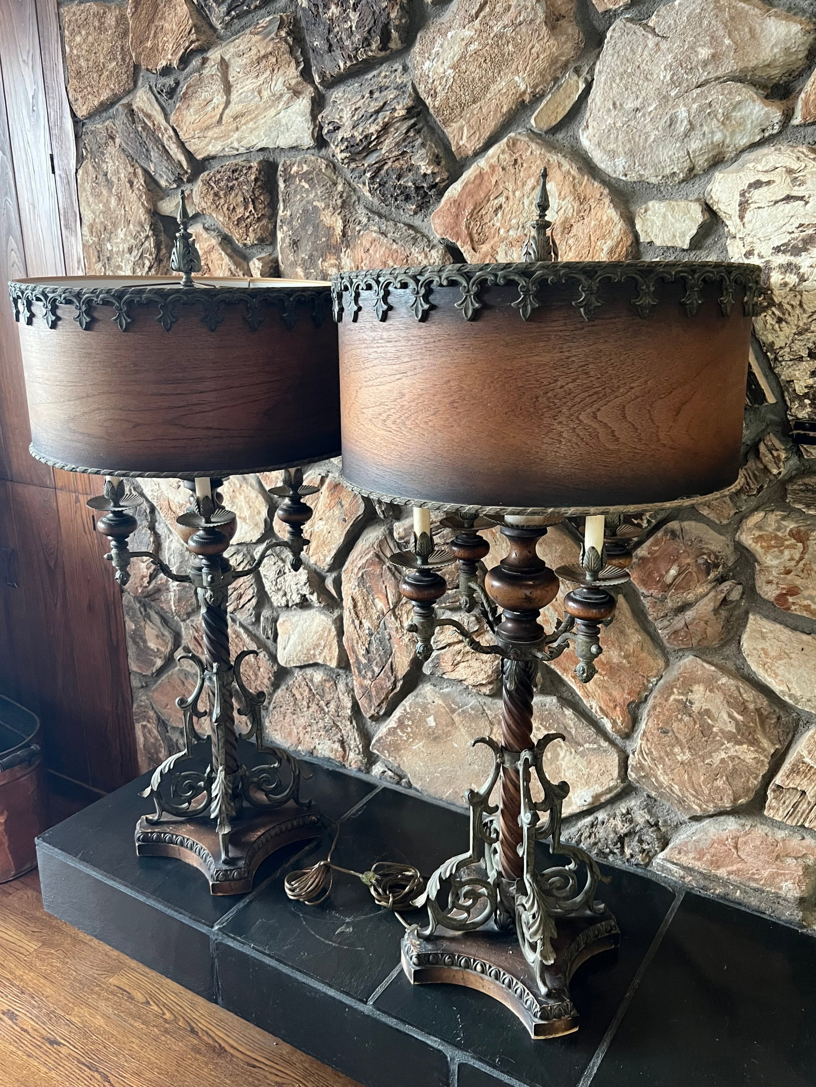 Mid 20th Century Monumental Spanish Colonial Wood & Wrought Iron Table Lamps With Wood Lampshades - - 2