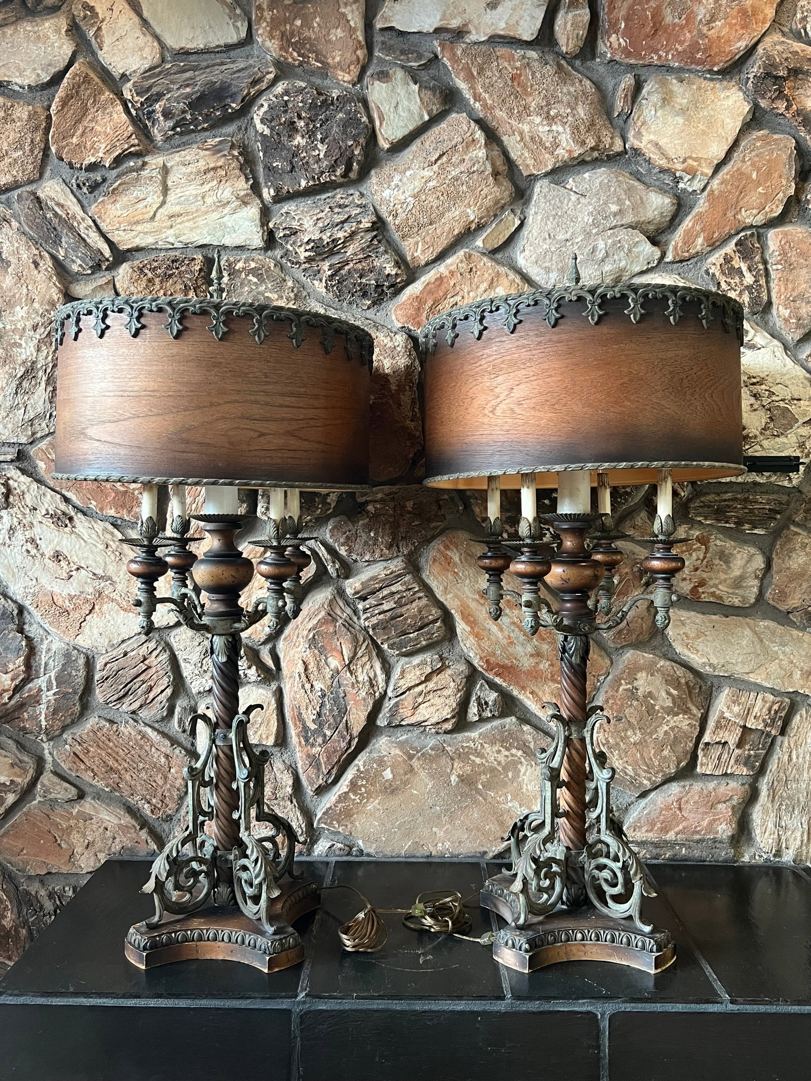 Mid 20th Century Monumental Spanish Colonial Wood & Wrought Iron Table Lamps With Wood Lampshades - - 7