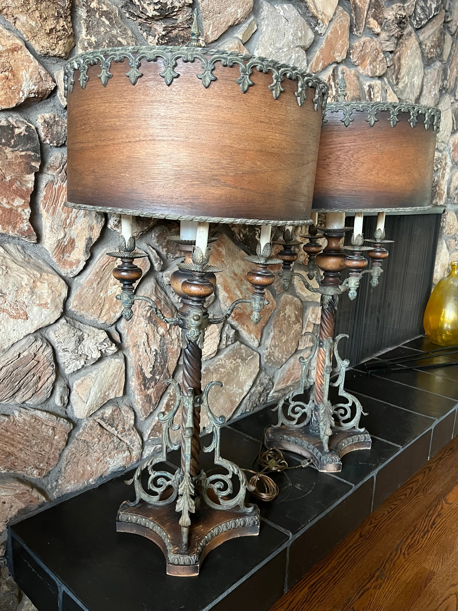 Mid 20th Century Monumental Spanish Colonial Wood & Wrought Iron Table Lamps With Wood Lampshades - - 8