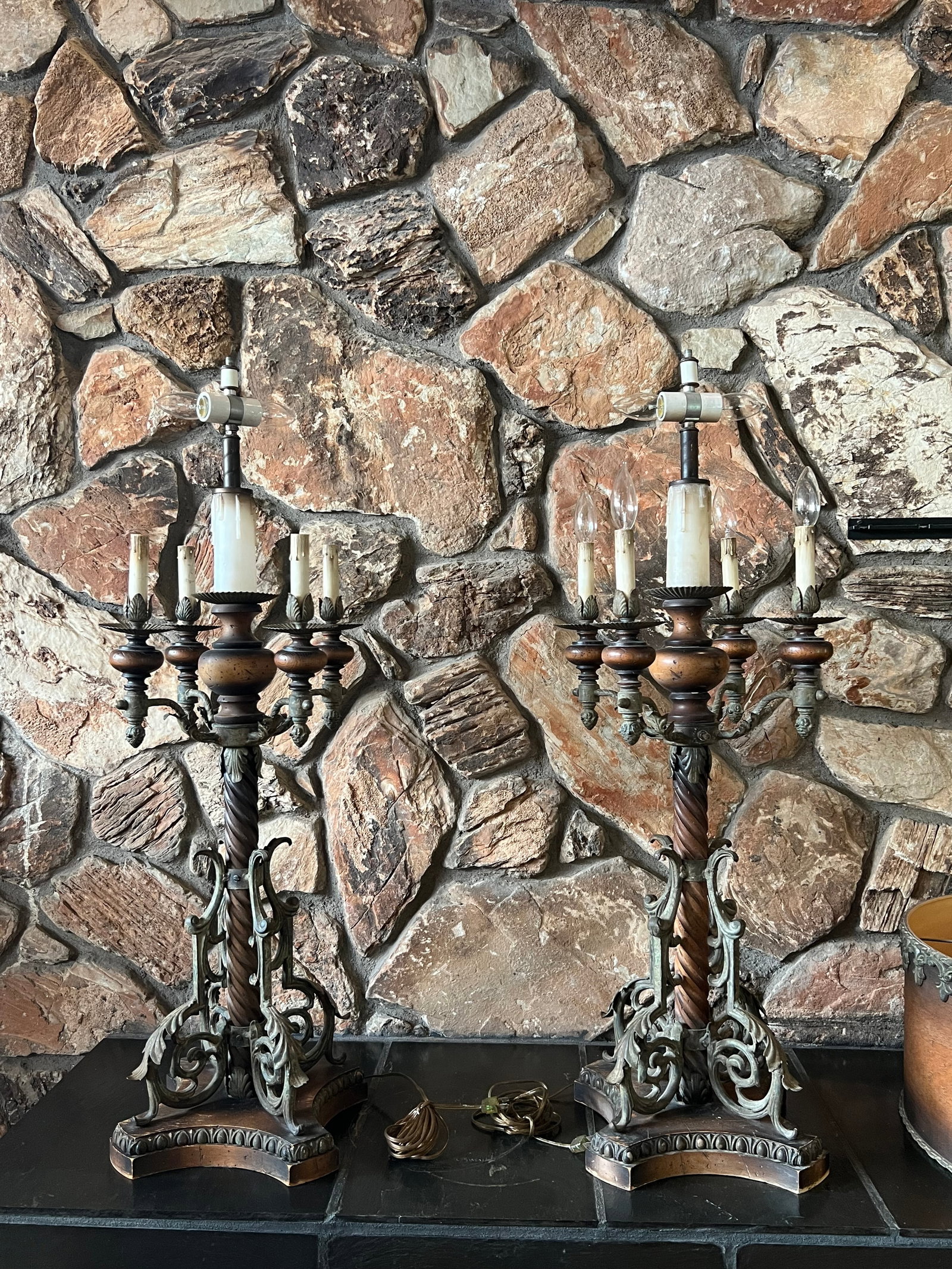 Mid 20th Century Monumental Spanish Colonial Wood & Wrought Iron Table Lamps With Wood Lampshades - - 9