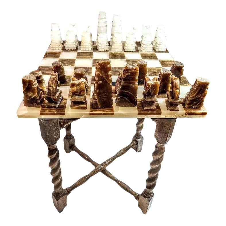 1980s Rare and Distinct Handcrafted Onyx and Marble Chess Set on Jacobean Style Wooden Frame (1 of 13)
