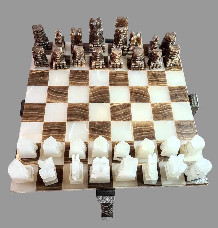 1980s Rare and Distinct Handcrafted Onyx and Marble Chess Set on Jacobean Style Wooden Frame - 2