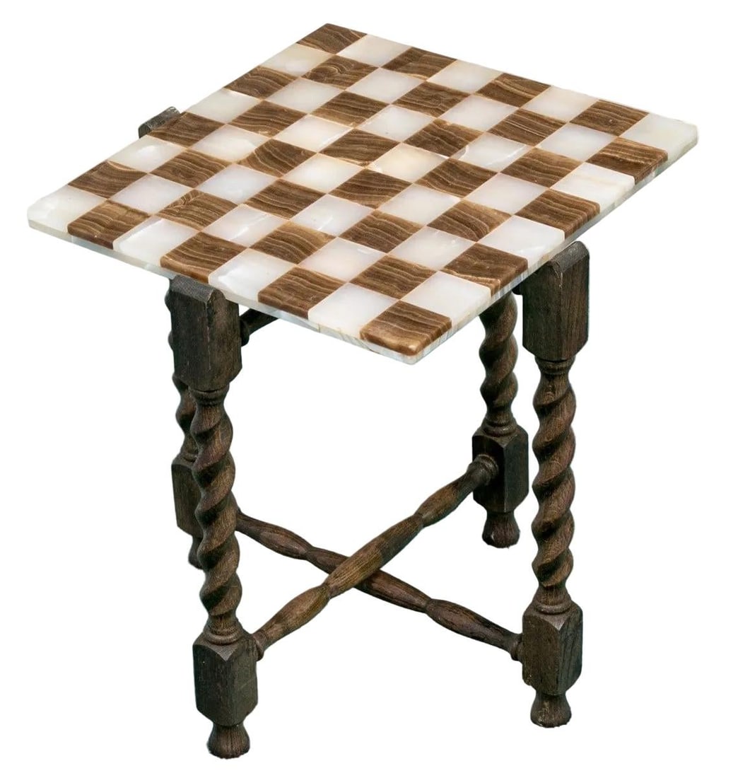 1980s Rare and Distinct Handcrafted Onyx and Marble Chess Set on Jacobean Style Wooden Frame - 7