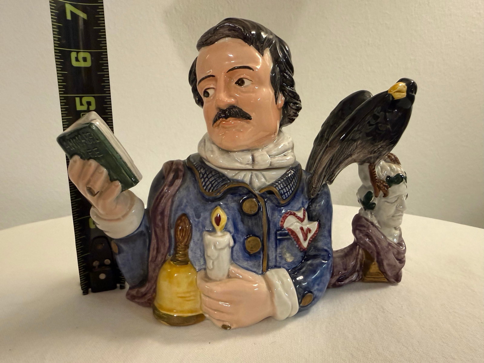 1990s Fitz and Floyd Edgar Allan Poe Character Jug With Raven - Literary Figural Pitcher - 8