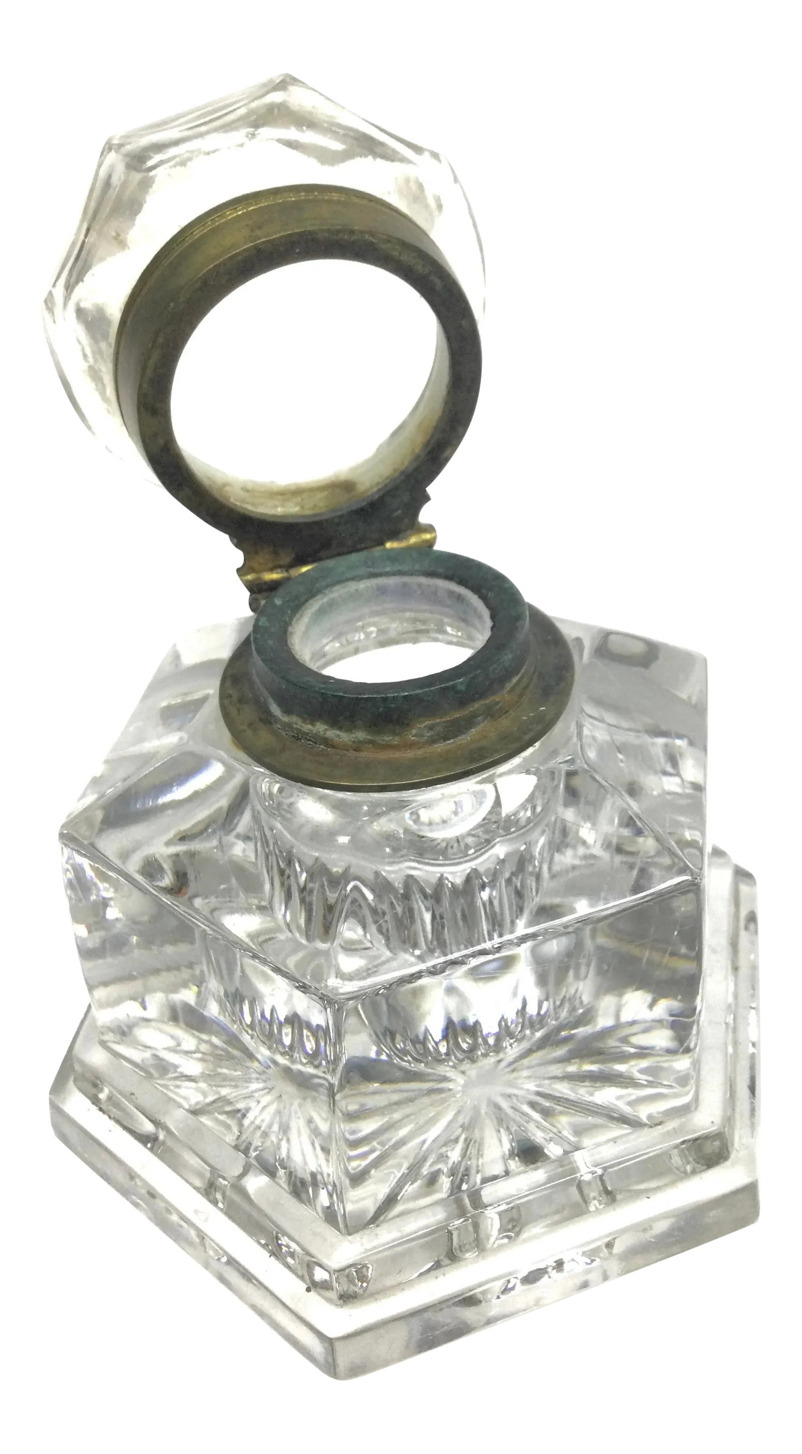 Crystal Brass Lidded Ink Well: Super heavy pressed glass ink well. The lid is attached and functional using solid brass. Probably from the late 1800s, this is a real beauty and perfect gift for the collector of fine objects.
