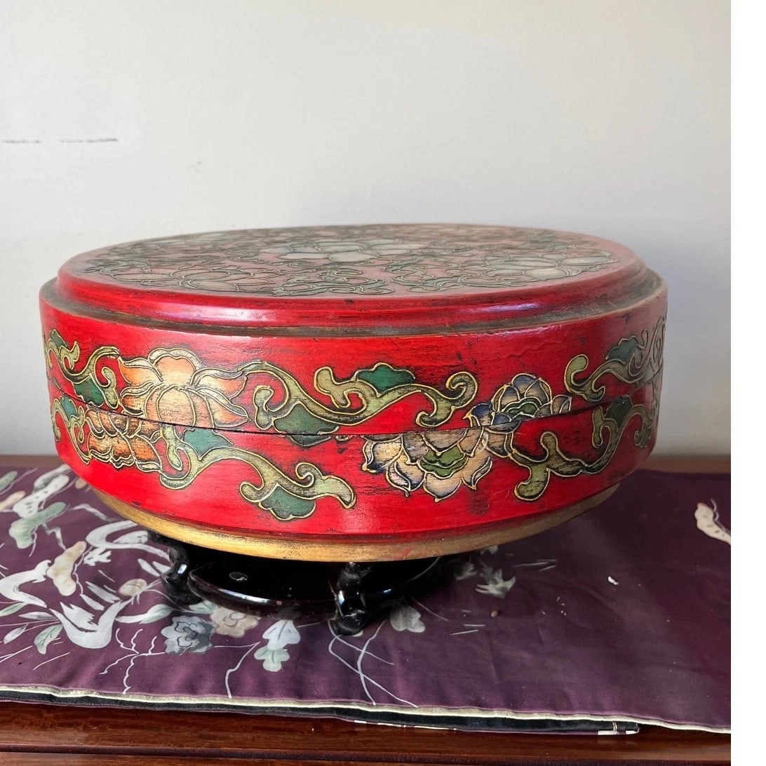 Antique Style Chinese Cinnabar Red Lacquer Lotus Flower Round Box 14x5" - 3
