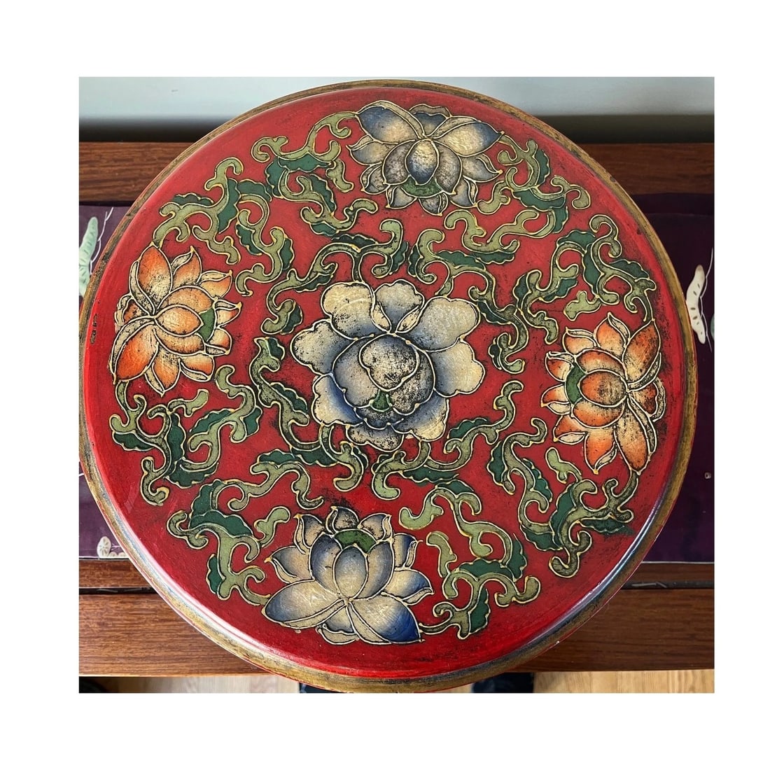 Antique Style Chinese Cinnabar Red Lacquer Lotus Flower Round Box 14x5" - 4