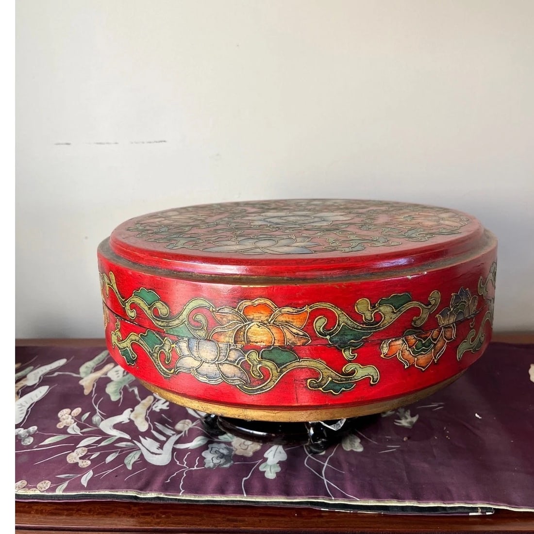 Antique Style Chinese Cinnabar Red Lacquer Lotus Flower Round Box 14x5" - 8