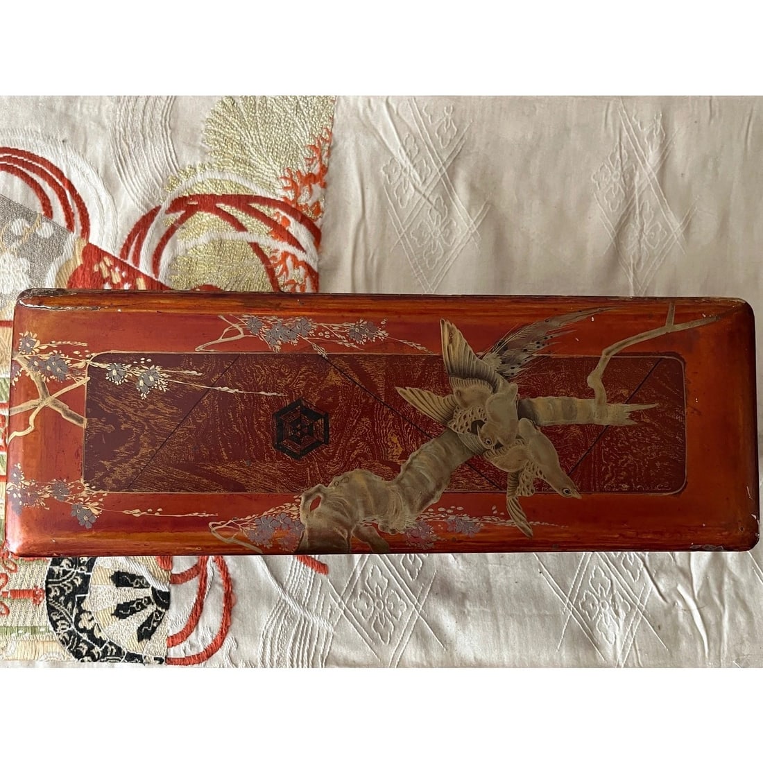 Antique 14" Japanese Meiji Maki-e Lacquer Fubako Document Box Bird & Blossoms - 10