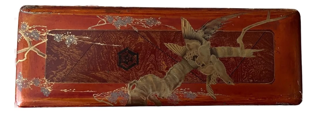 Antique 14" Japanese Meiji Maki-e Lacquer Fubako Document Box Bird & Blossoms: This is an impressive, full-sized antique Japanese lacquer document box (fubako) dating to the Meiji Period (1868aEUR"1912). Measuring 14 inches in length, this piece was designed to house formal