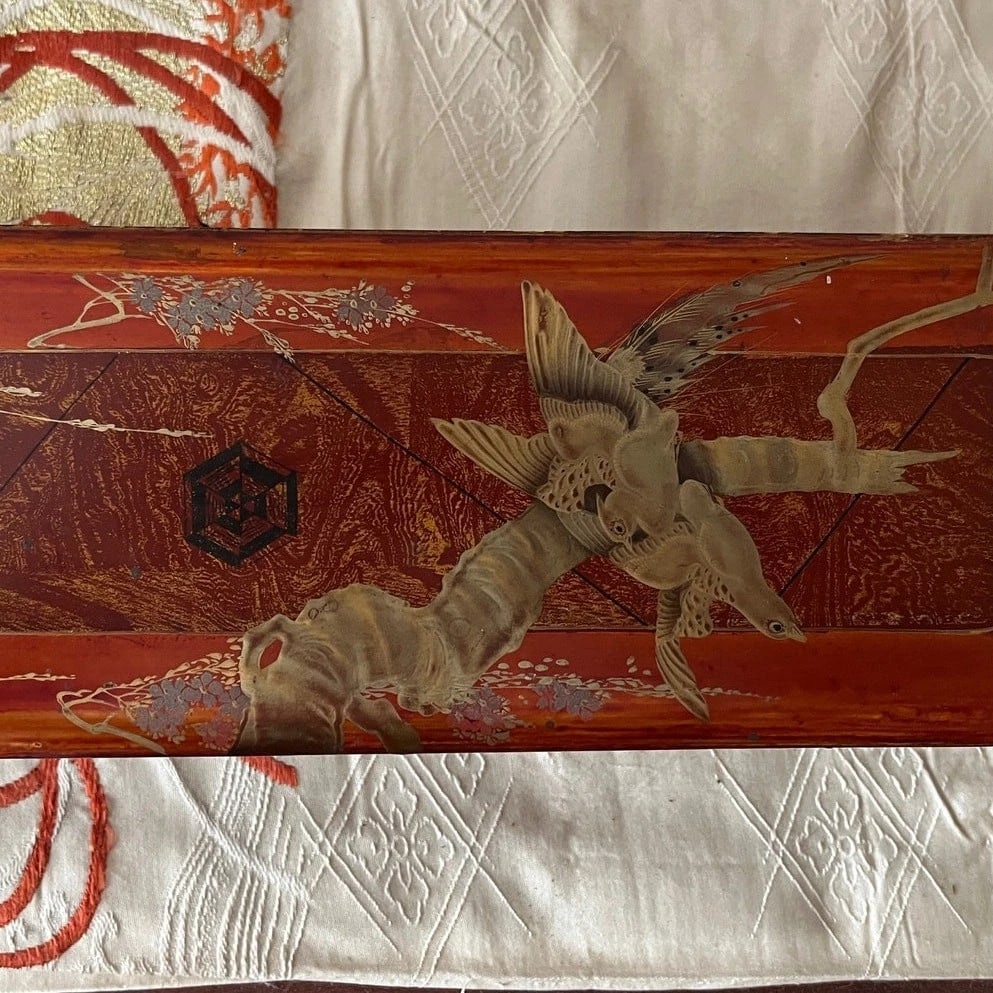 Antique 14" Japanese Meiji Maki-e Lacquer Fubako Document Box Bird & Blossoms - 2