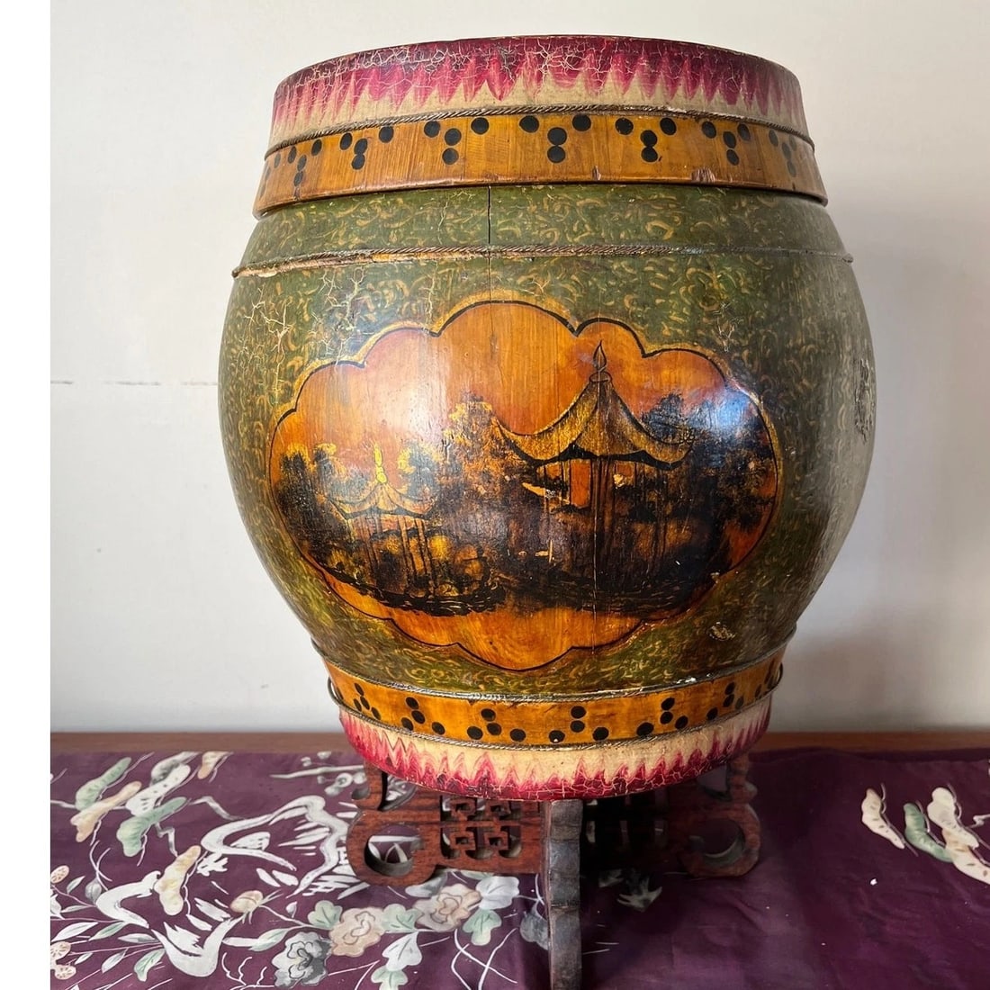 Antique Chinese Wood Rice Barrel & Double Happiness Stand - 19th C. Qing - 18" - 12