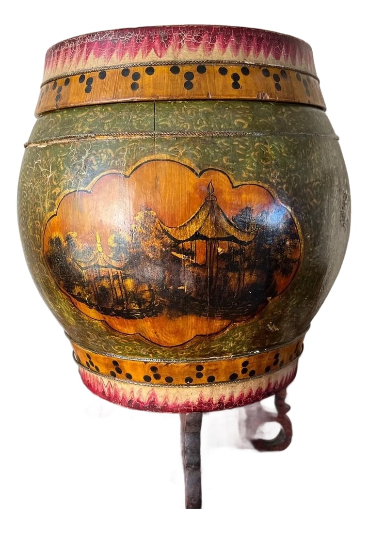 Antique Chinese Wood Rice Barrel & Double Happiness Stand - 19th C. Qing - 18": This exceptional 18-inch Chinese Rice Barrel (Grain Storage Jar) dates to the late Qing Dynasty (c. 1890aEUR"1910). A rare complete set, it includes the original lidded storage vessel and its authenti