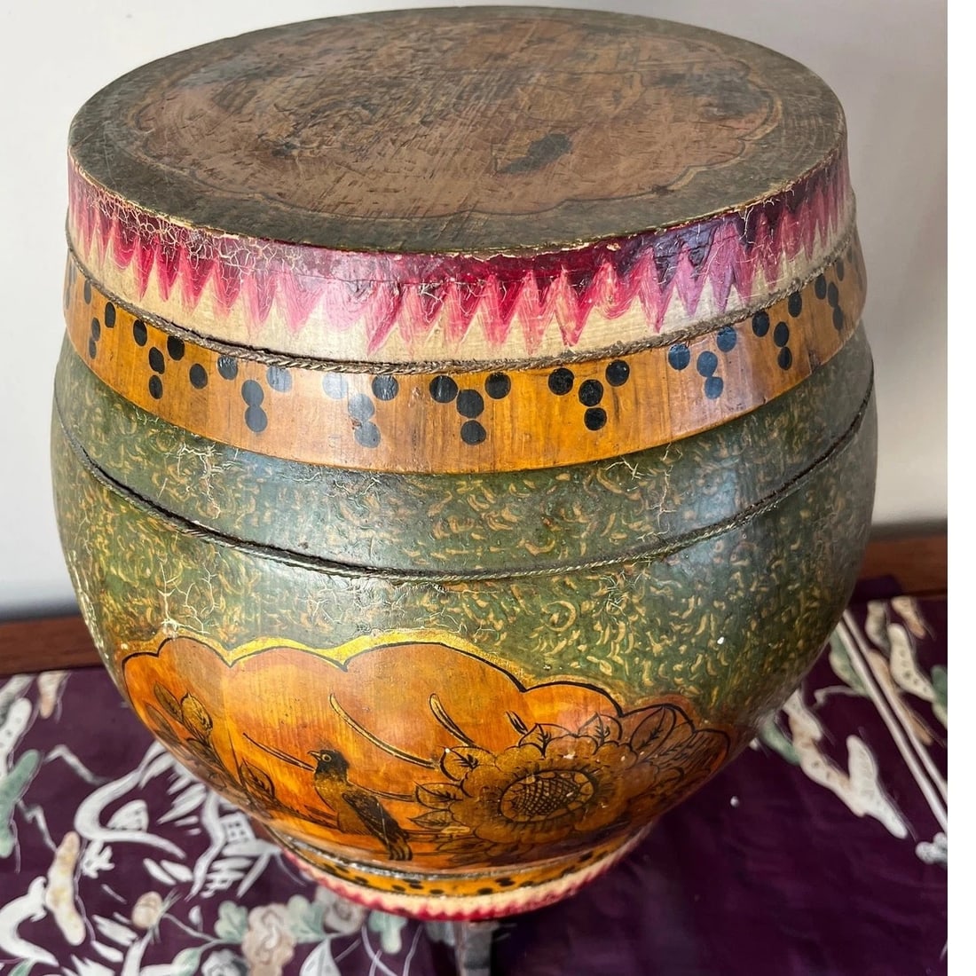 Antique Chinese Wood Rice Barrel & Double Happiness Stand - 19th C. Qing - 18" - 5