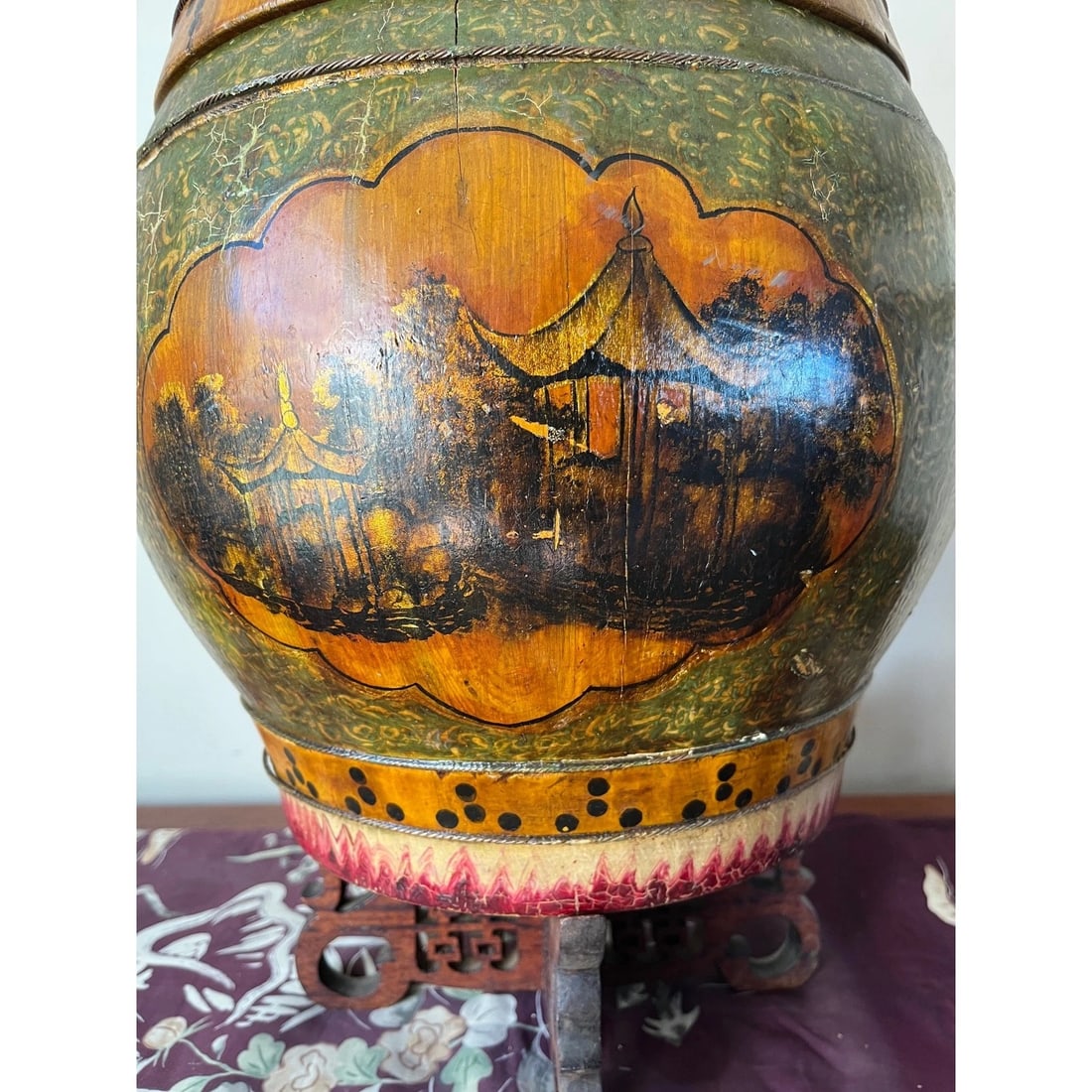 Antique Chinese Wood Rice Barrel & Double Happiness Stand - 19th C. Qing - 18" - 7