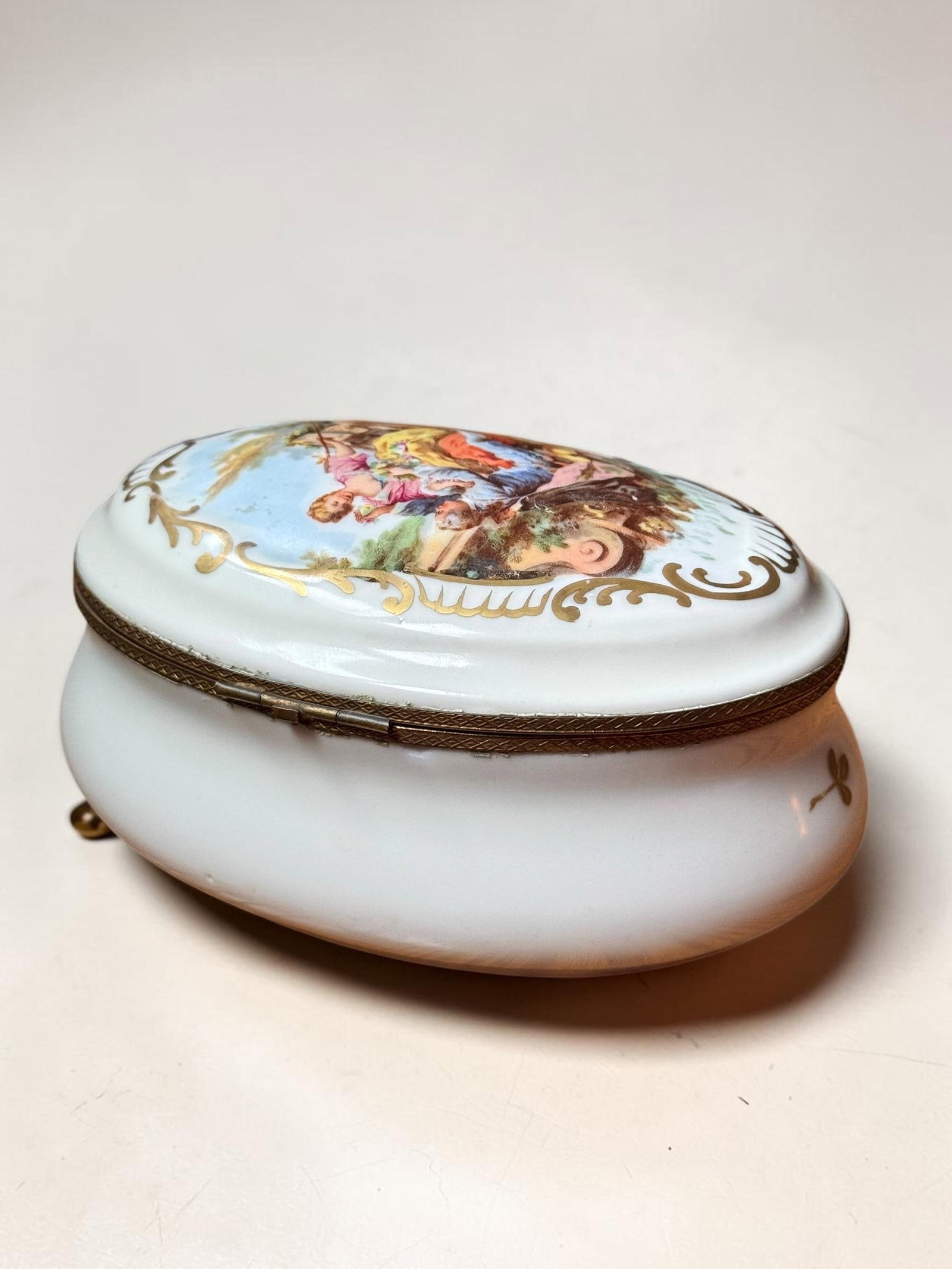 Signed Hand Painted Antique Porcelain Hinged Oval Dresser Box or Jewelry Casket. - 10