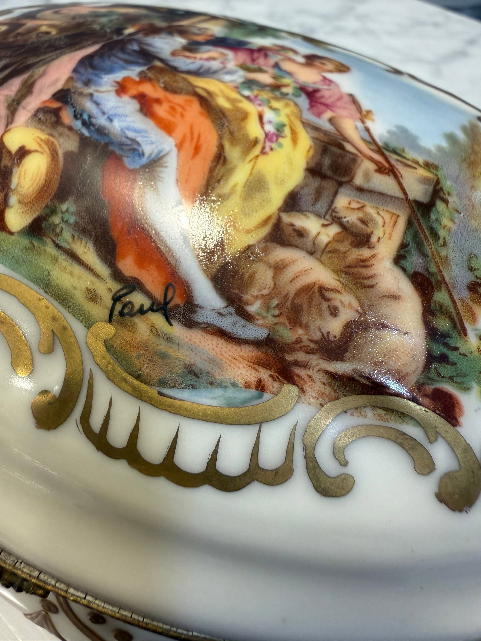 Signed Hand Painted Antique Porcelain Hinged Oval Dresser Box or Jewelry Casket. - 11