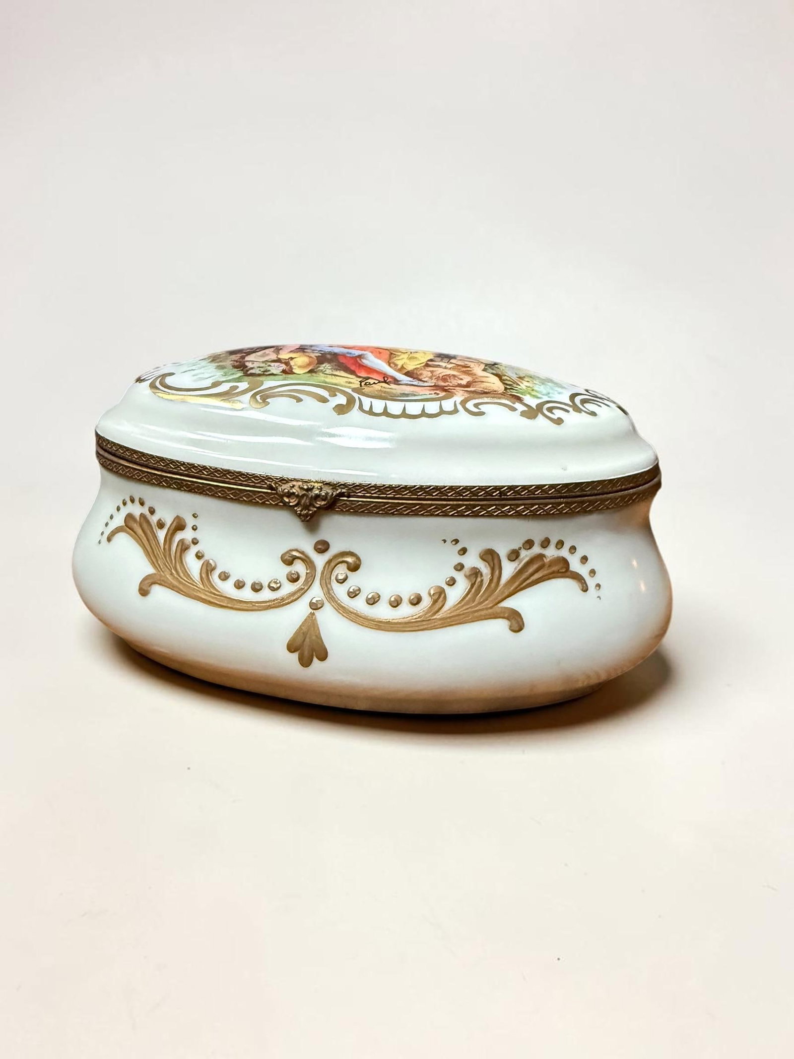 Signed Hand Painted Antique Porcelain Hinged Oval Dresser Box or Jewelry Casket. - 12