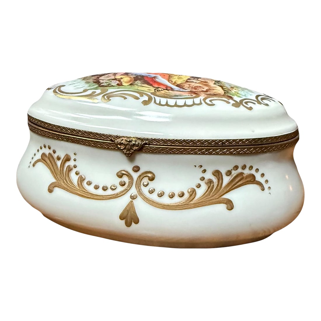 Signed Hand Painted Antique Porcelain Hinged Oval Dresser Box or Jewelry Casket. (1 of 13)