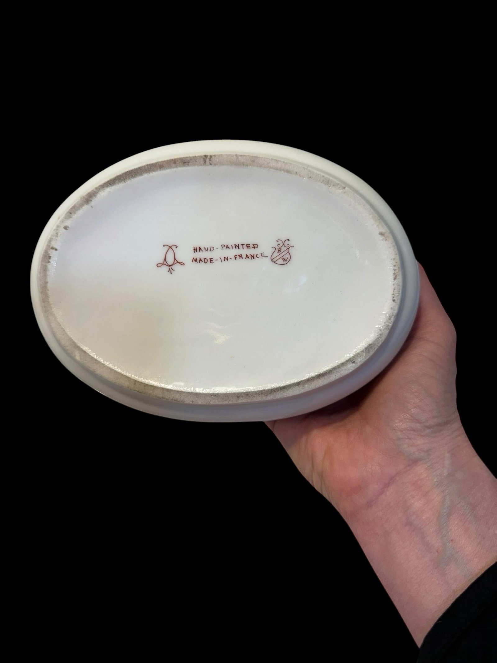 Signed Hand Painted Antique Porcelain Hinged Oval Dresser Box or Jewelry Casket. - 2