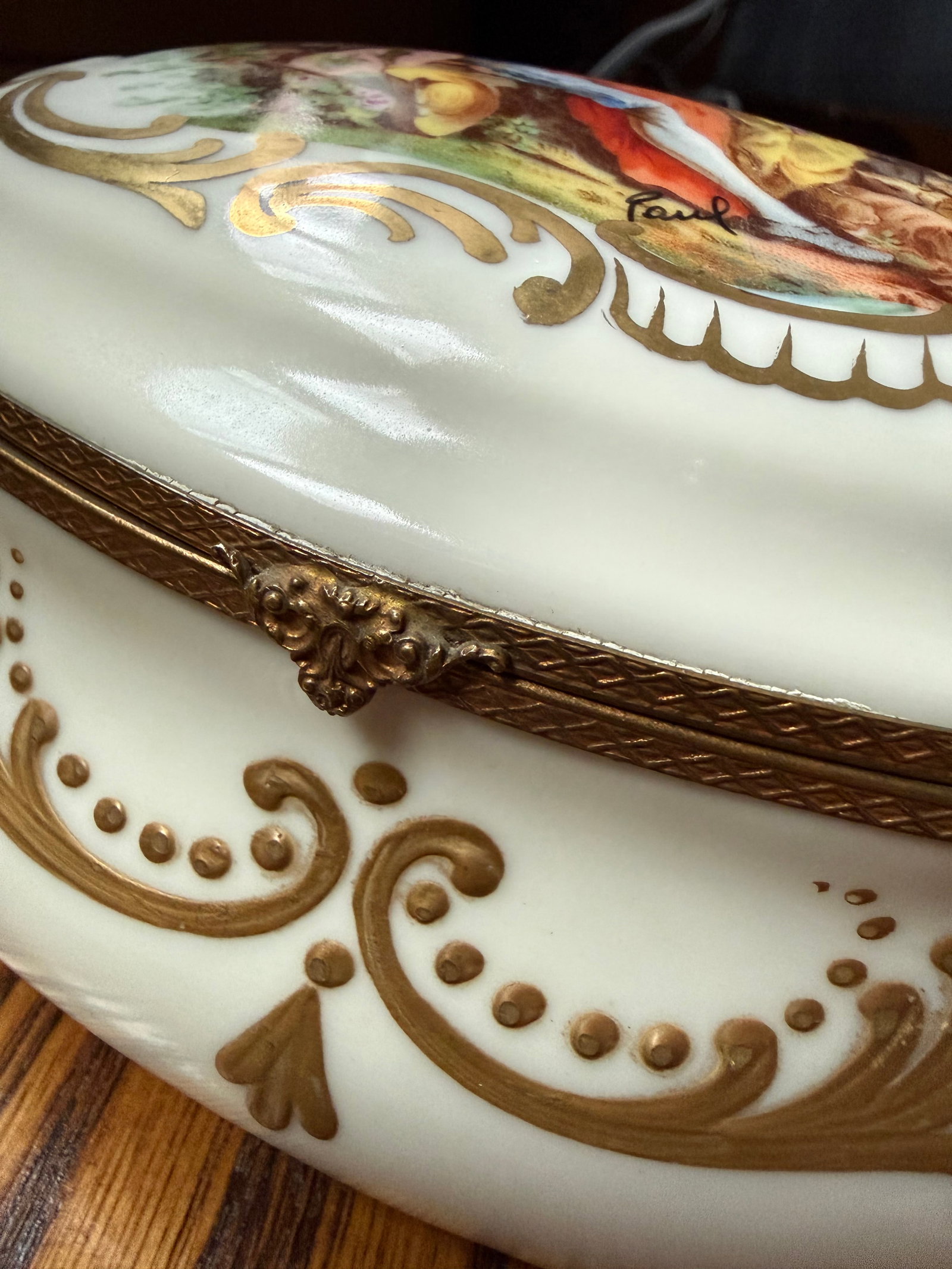 Signed Hand Painted Antique Porcelain Hinged Oval Dresser Box or Jewelry Casket. - 4