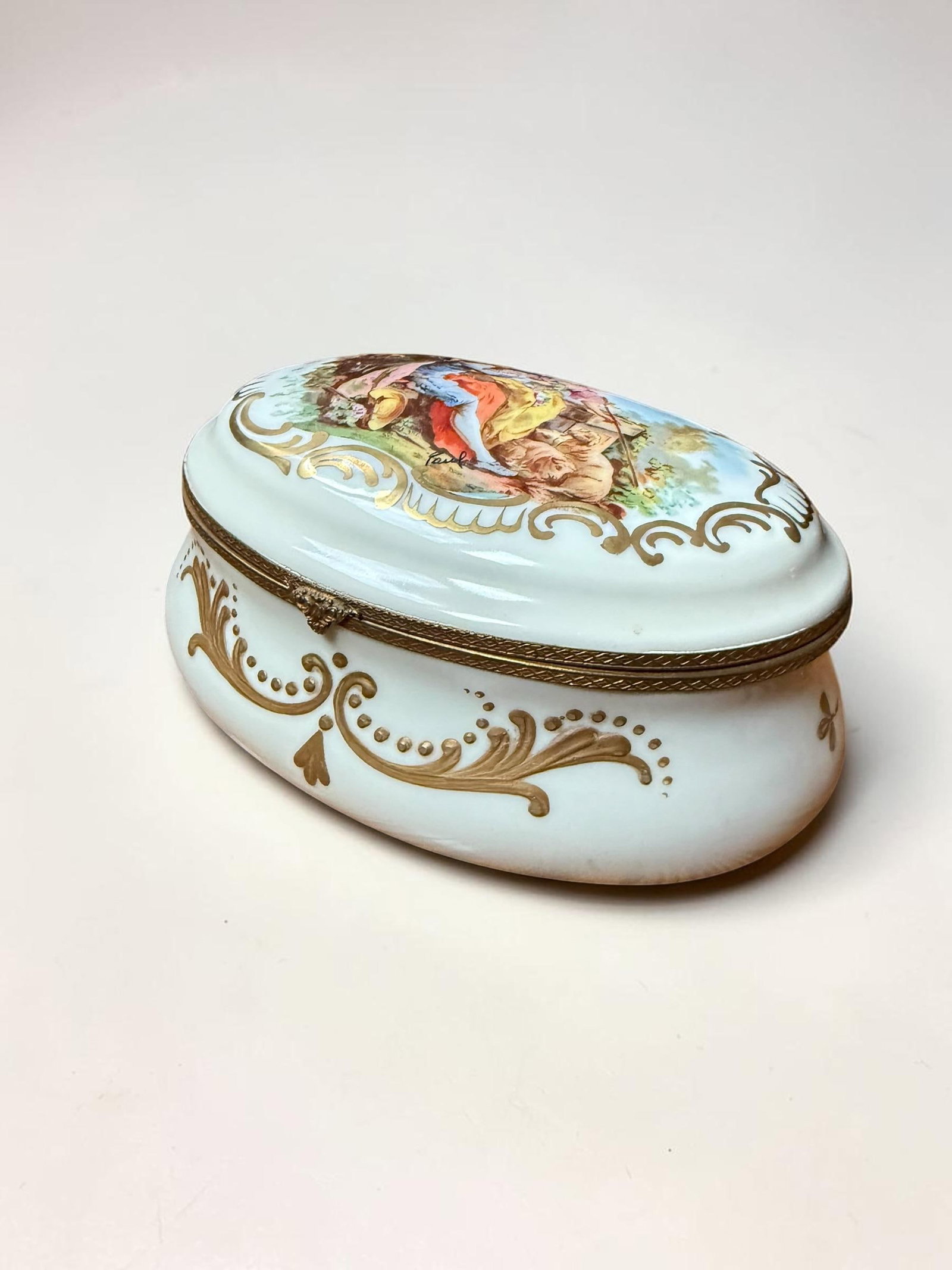 Signed Hand Painted Antique Porcelain Hinged Oval Dresser Box or Jewelry Casket. - 7