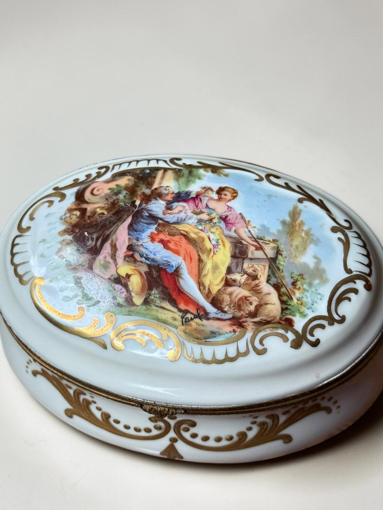Signed Hand Painted Antique Porcelain Hinged Oval Dresser Box or Jewelry Casket. - 8