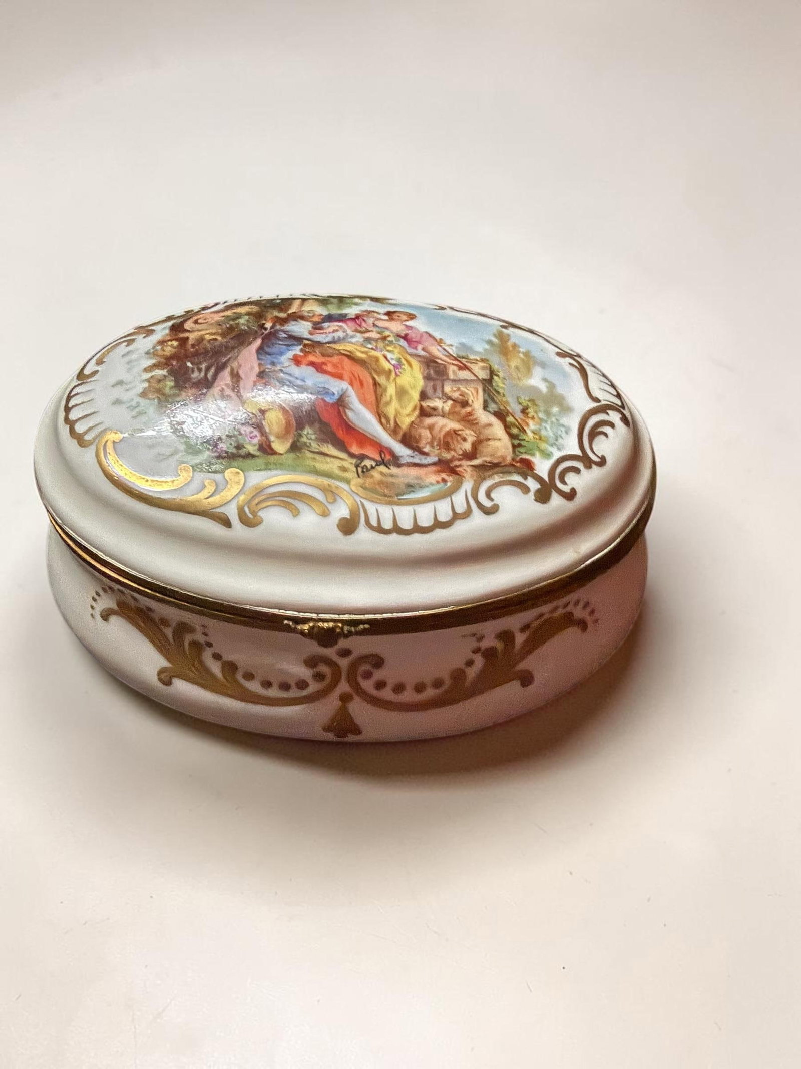 Signed Hand Painted Antique Porcelain Hinged Oval Dresser Box or Jewelry Casket. - 9