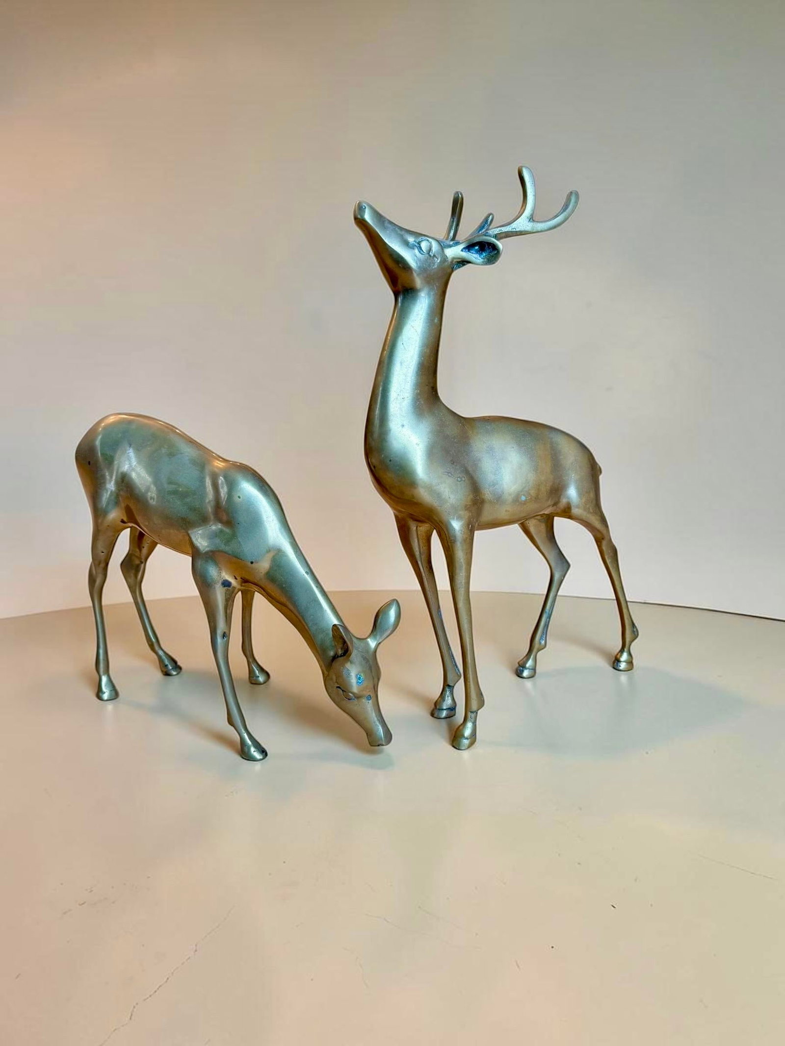 Large Vintage Patina Brass Pair Deer Buck Doe - 2