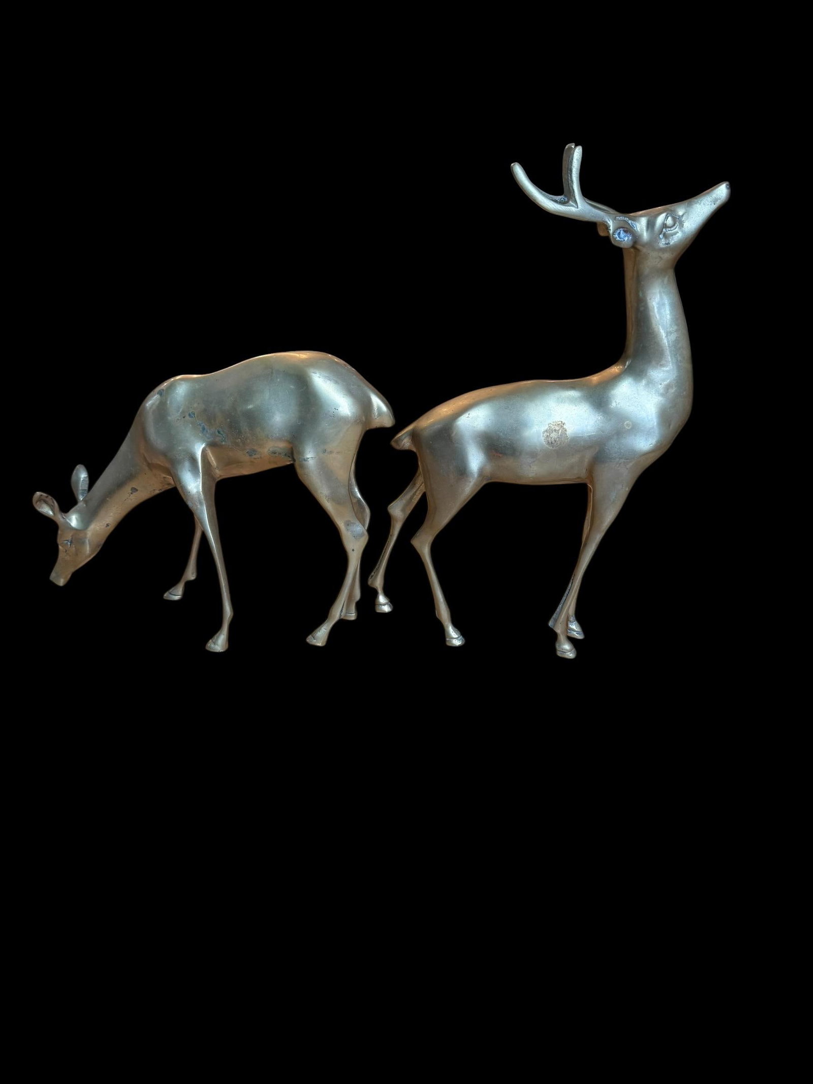 Large Vintage Patina Brass Pair Deer Buck Doe - 7