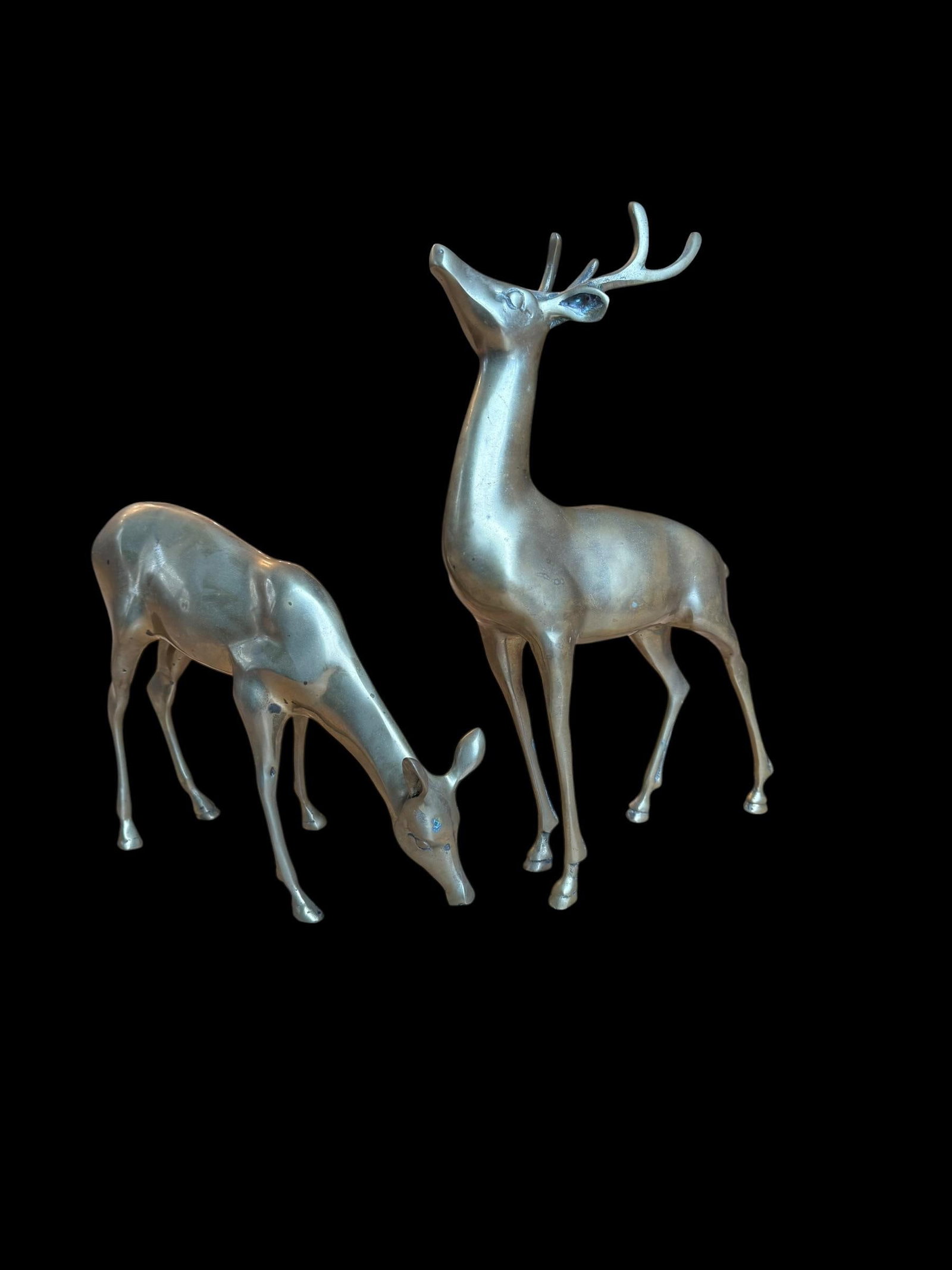 Large Vintage Patina Brass Pair Deer Buck Doe - 8