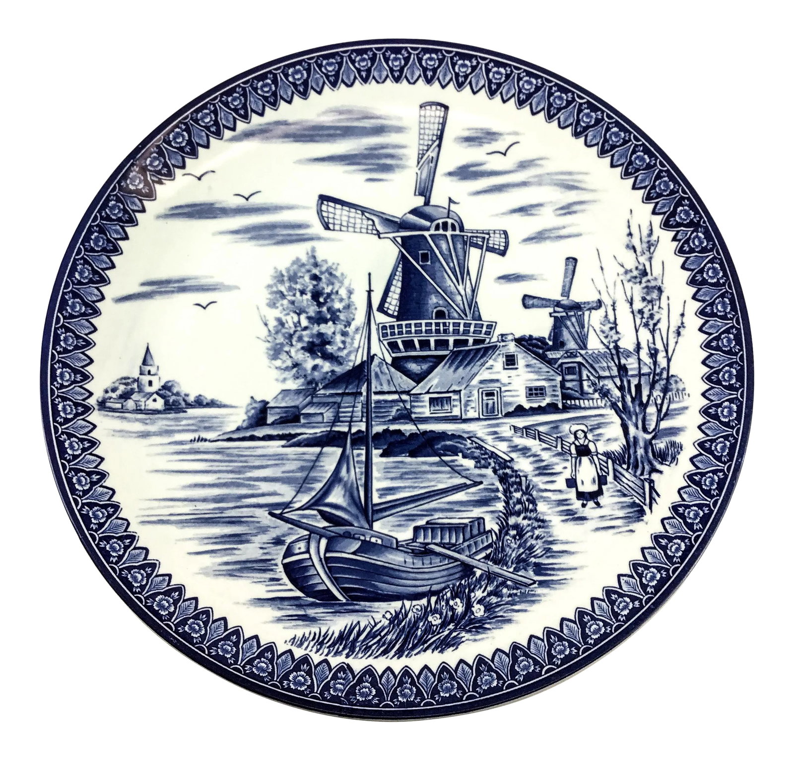 Large Vintage Porcelain Delftware Plate: This extra large plate is in perfect condition and has very detailed painted scenery done with both hand painted cobalt blue and transfer-ware. The windmills are rising high in the skyline and a
