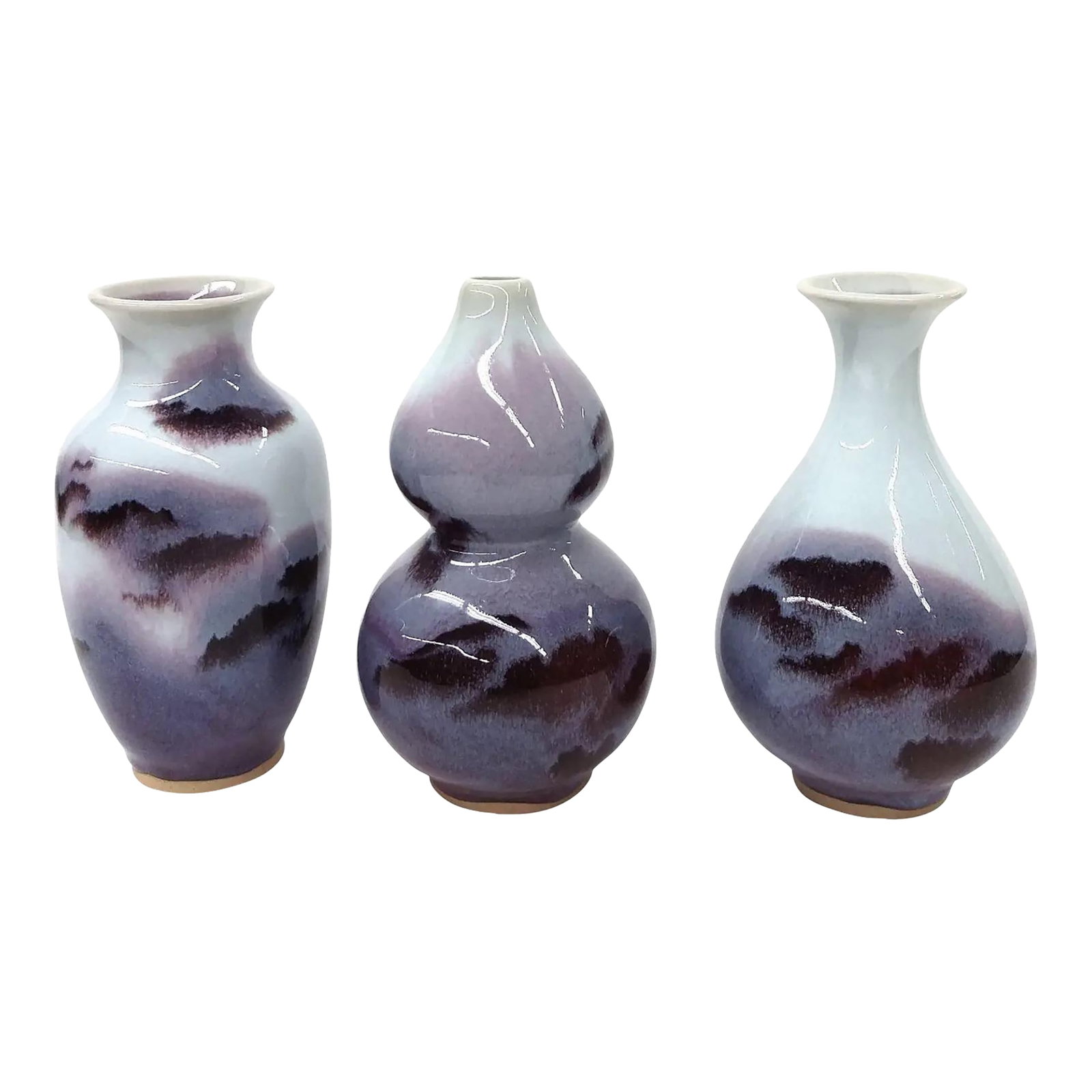 Chinese Jun Style Fine Porcelain Vases - Set of 3: Gorgeous glaze effect on all 3 vases here in this collectible group. There are 3 styles of vases, all in the Chinese traditional shapes. All of these vases have a very pale blue/whitish background