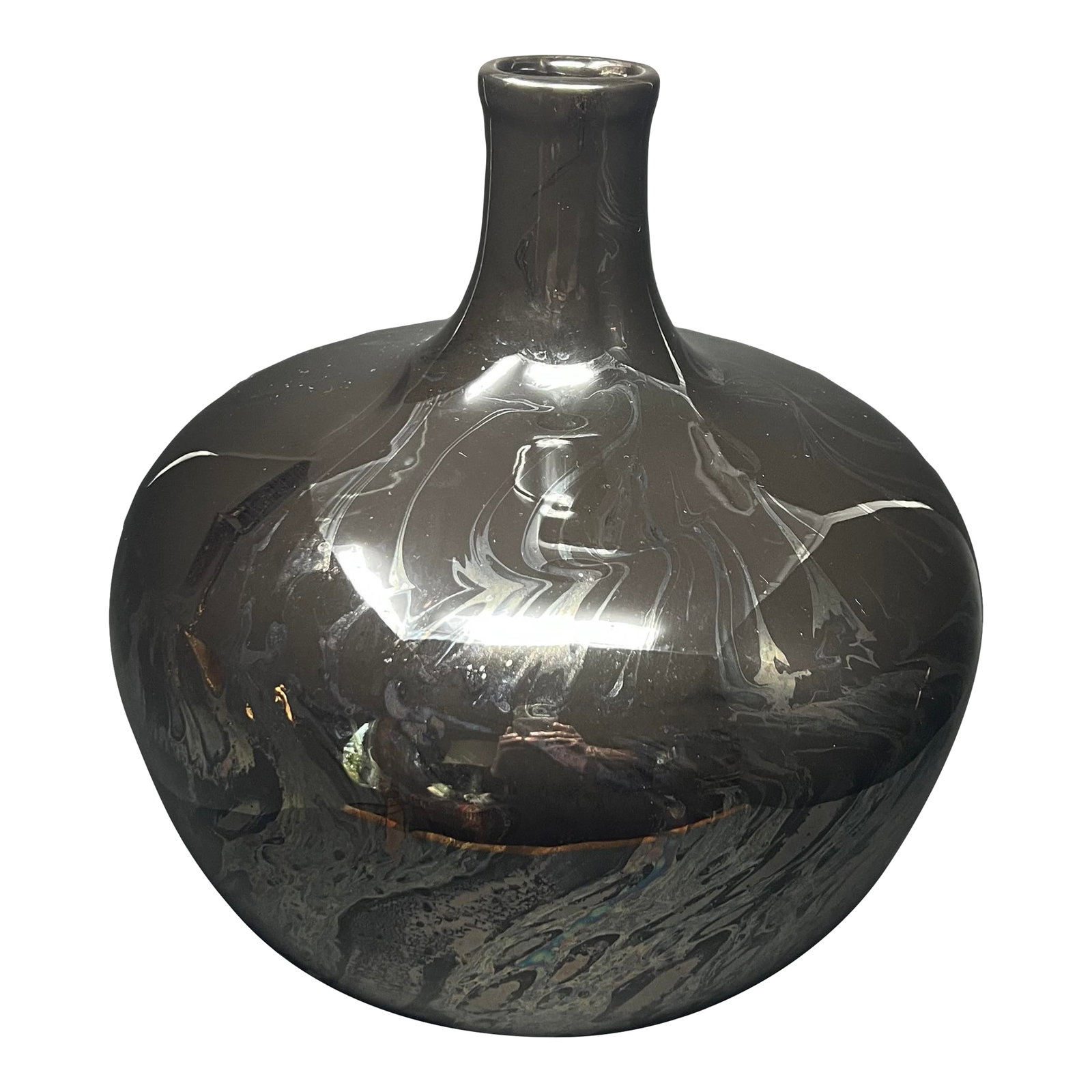Large Sculptural Mid Century Modern Black Marbled Royal Haeger Art Pottery Vase, 1970s: A striking large-scale Mid Century Modern art pottery vase by Royal Haeger of Dundee, Illinois, circa 1970s. This sculptural bottle-form example features a dramatic high-gloss black glaze overlaid