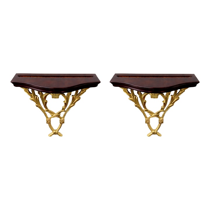 Neoclassical Giltwood Wall-Mounted Brackets With Mahogany Tops (Pair): Architectural pair of neoclassical wall-mounted console shelves featuring richly finished mahogany tops with integrated plate grooves for displaying decorative plates, platters, or framed objects.