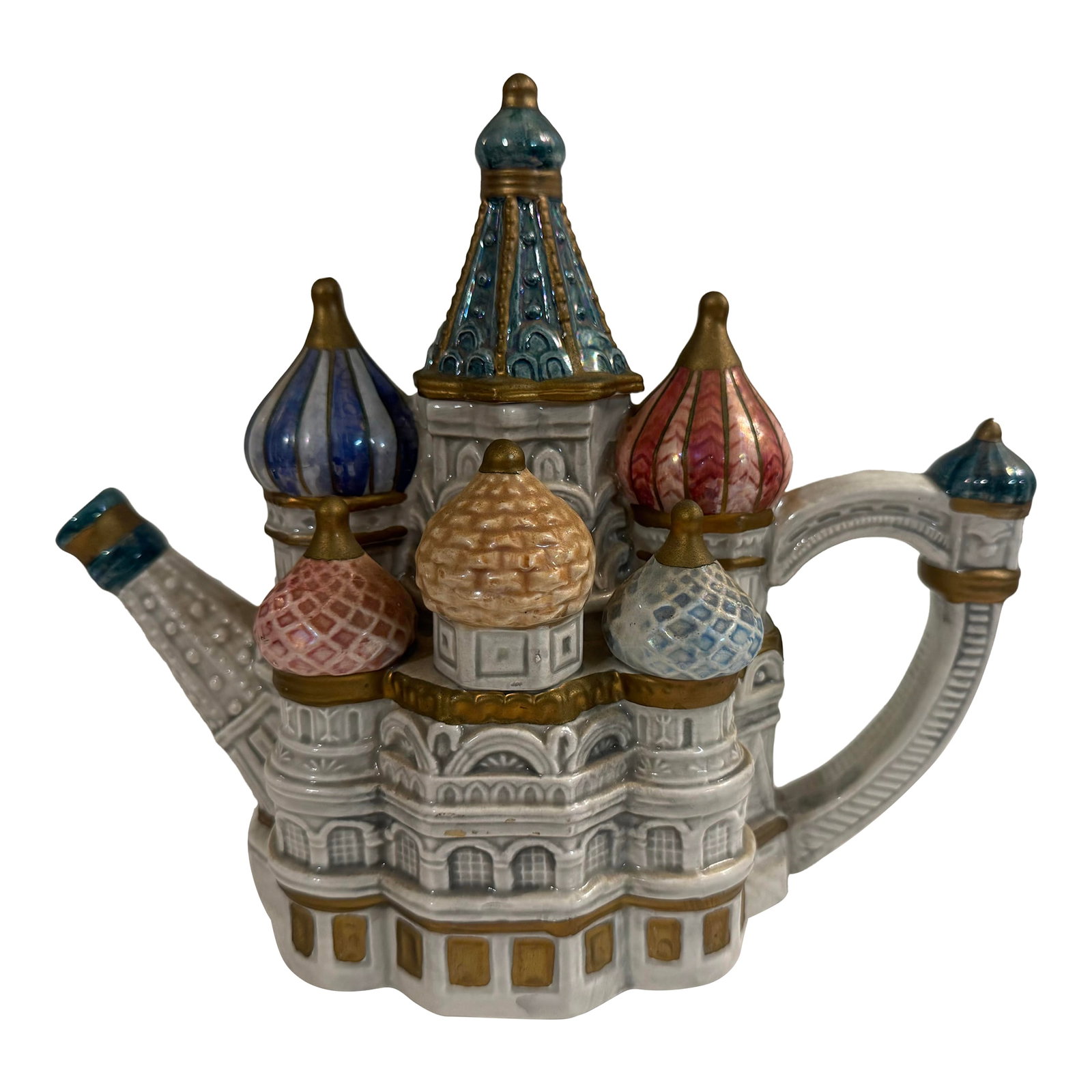 1990s Fitz and Floyd Taj Mahal / St. Basil Cathedral Figural Teapot - Architectural Collectible: A stunning vintage figural ceramic teapot designed in the form of an ornate domed cathedral, reminiscent of the Taj Mahal meets the iconic onion domes of St. Basil's Cathedral. This highly decorative