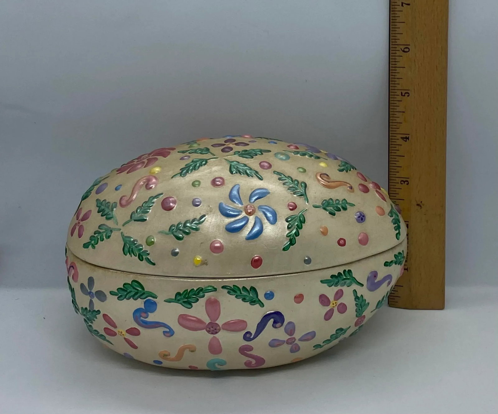 Vintage Black Bird Mold Inc. Hand Painted Multicolored Ceramic Egg Shaped Lidded Box - 12