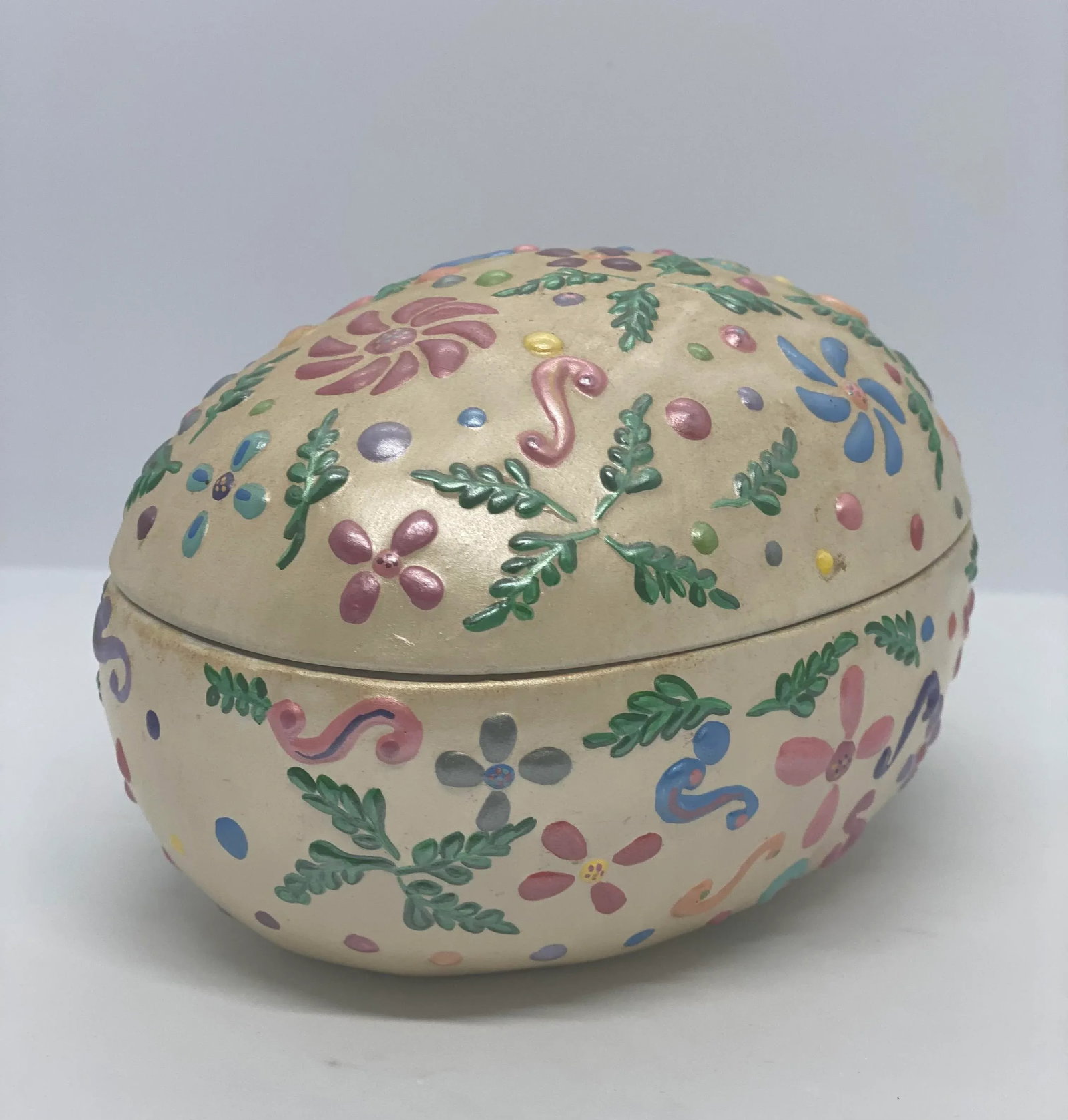 Vintage Black Bird Mold Inc. Hand Painted Multicolored Ceramic Egg Shaped Lidded Box - 13