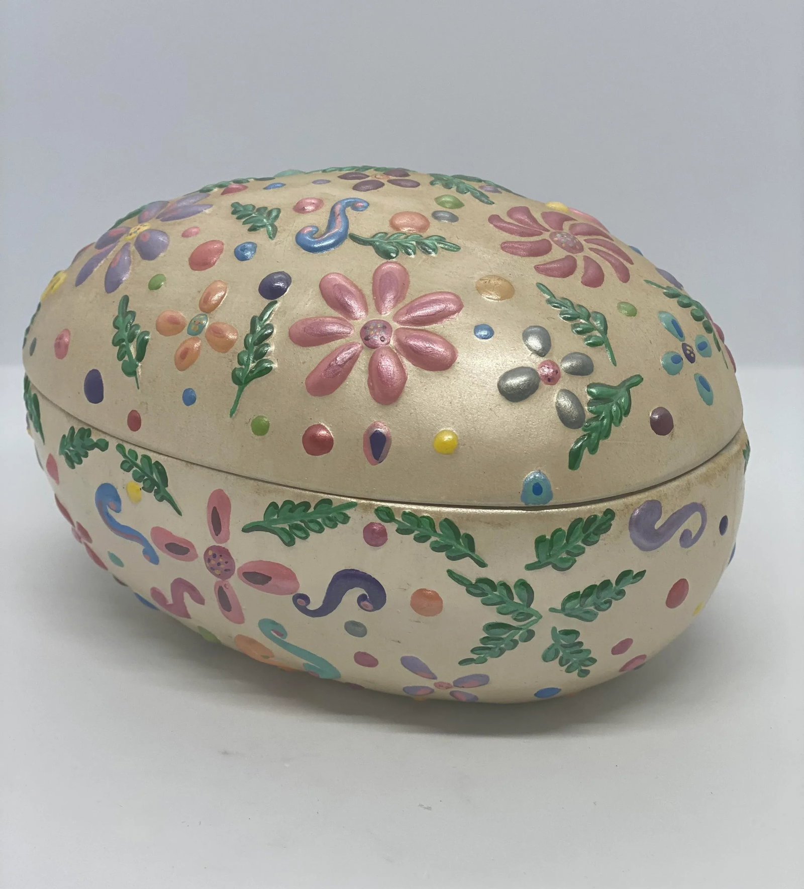 Vintage Black Bird Mold Inc. Hand Painted Multicolored Ceramic Egg Shaped Lidded Box - 3