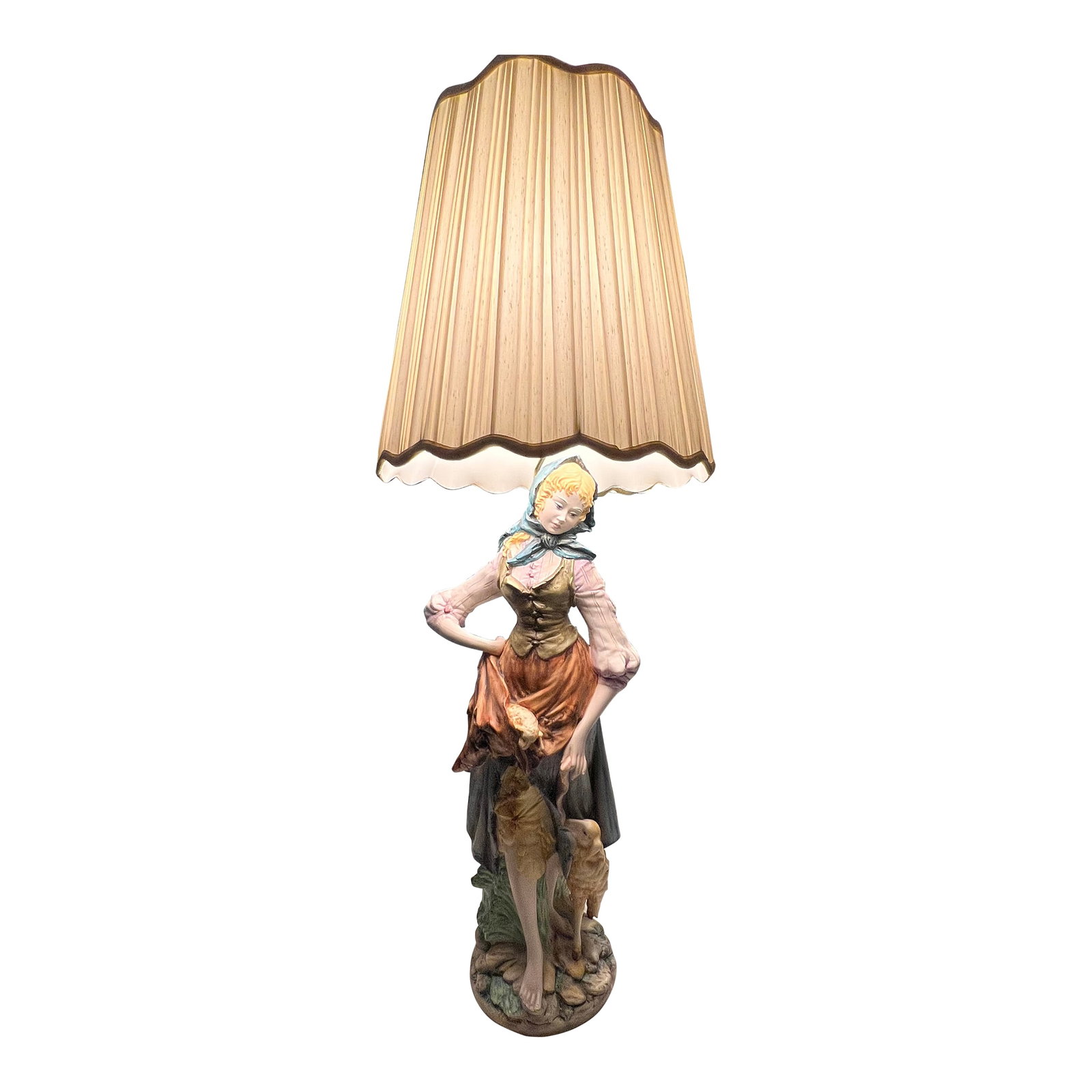 Mid 19th Century Mid Century Modern Ceramic Lamp Mary With Lamb: Monumental lamp 50"H Overall with shade Ceramic base: 33"H x 14"W Shade 18.5"H x 18"W Excellent vintage condition Condition: Alterations: Original Condition Unaltered Imperfections: Some Imperfections