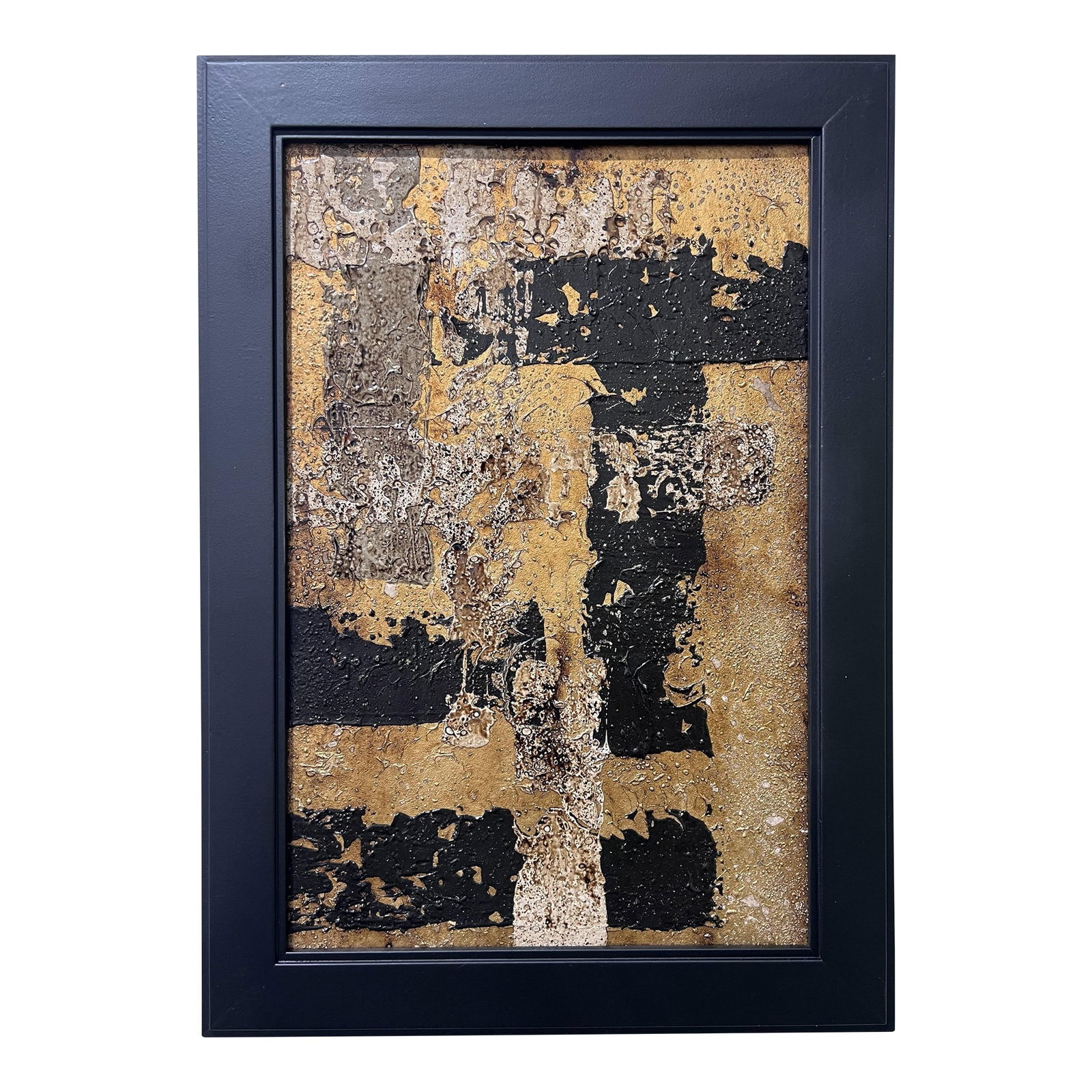 Apprehensive No. 2 - Original Abstract Painting by J. Kent Martin: Original abstract painting by J. Kent Martin in gold, black, and layered neutral tones with pronounced textural variation. Apprehensive No. 2 feels unsettled and evolving-forms stretch and shift