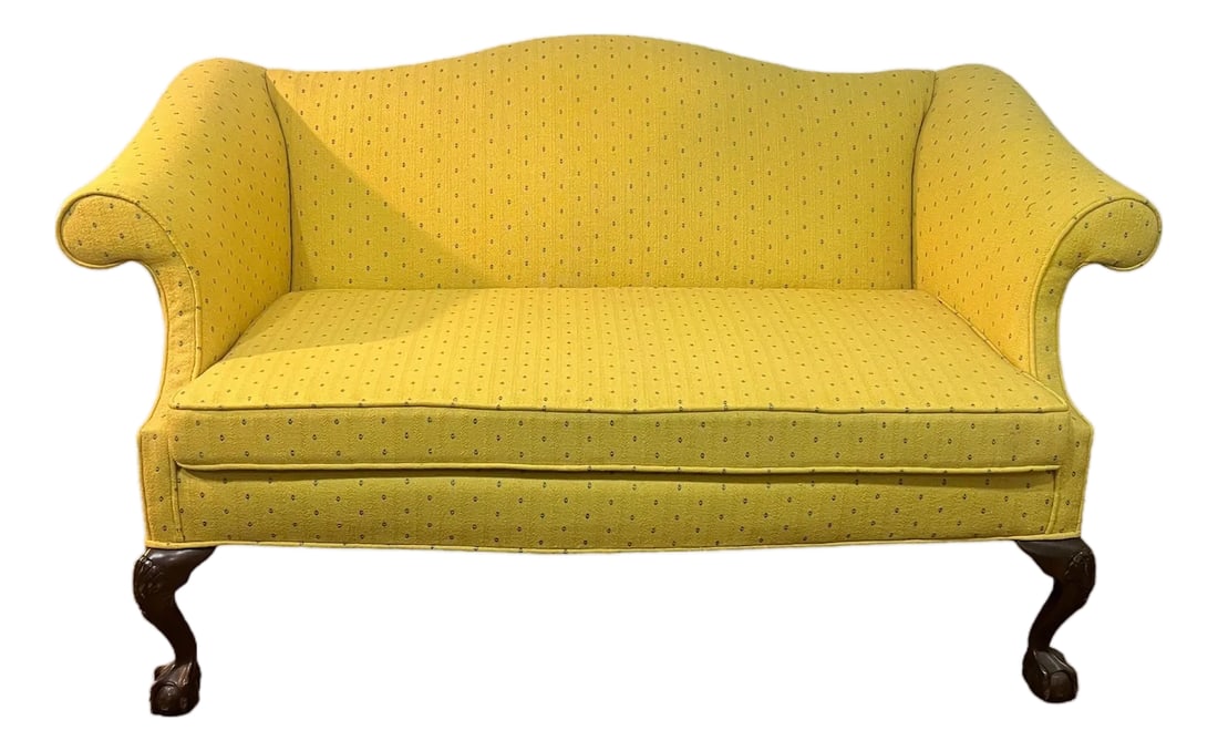 Early 20th Century Chippendale Style Camel Back Mahogany Footed Loveseat Sofa Newly Upholstered (1 of 12)