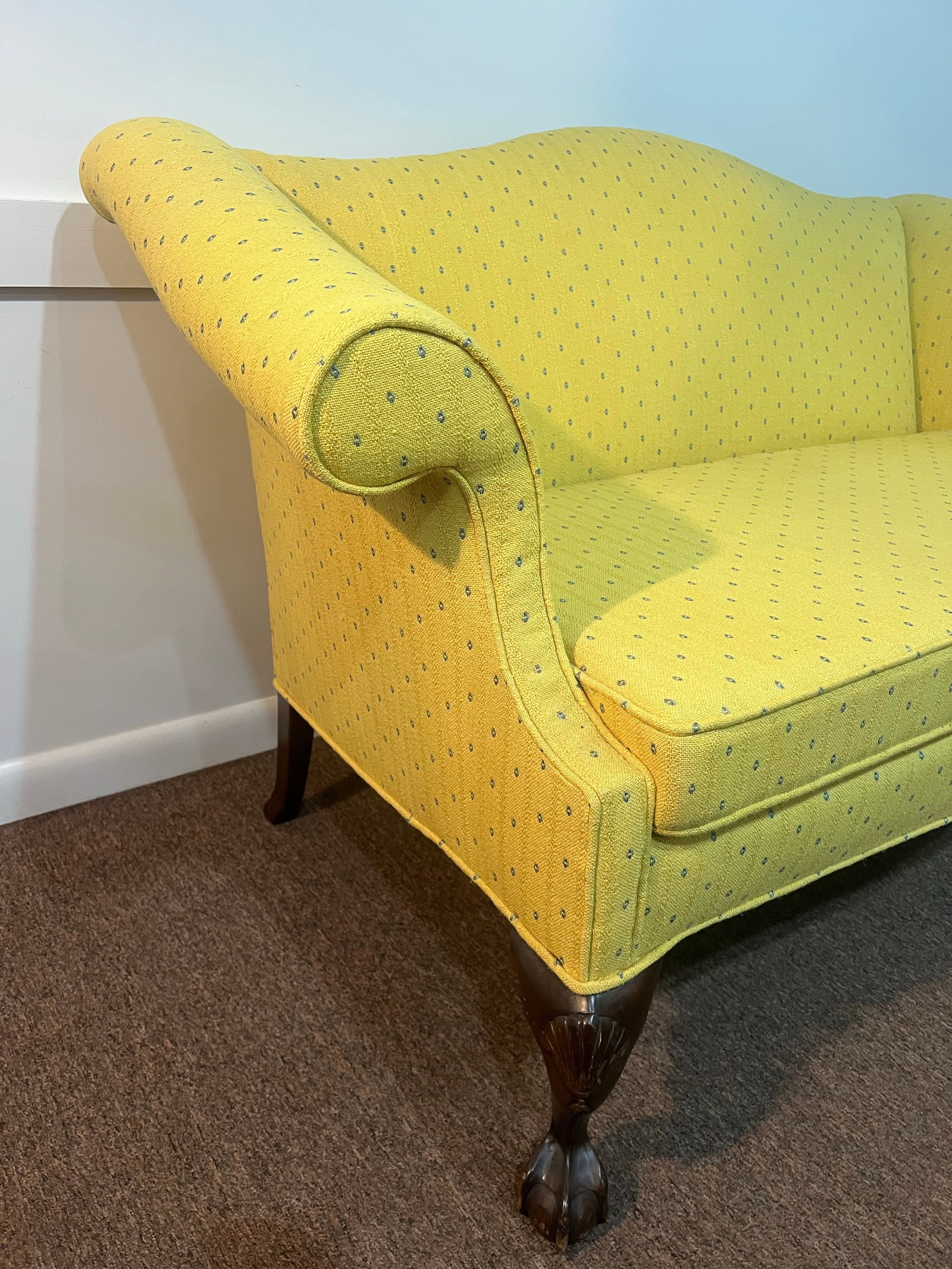 Early 20th Century Chippendale Style Camel Back Mahogany Footed Loveseat Sofa Newly Upholstered - 5