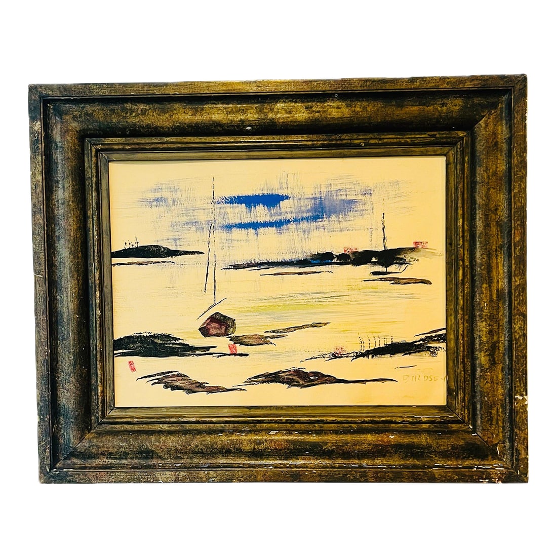 Mid 20th Century Watercolor in Antique Frame, Original, Signed "Birdsey": A watercolor painting by Alfred Birdsey depicting a coastal scene with a houseboat and lighthouse, signed by the artist, and framed in an antique wooden frame. Truly beautiful and unique seascape and