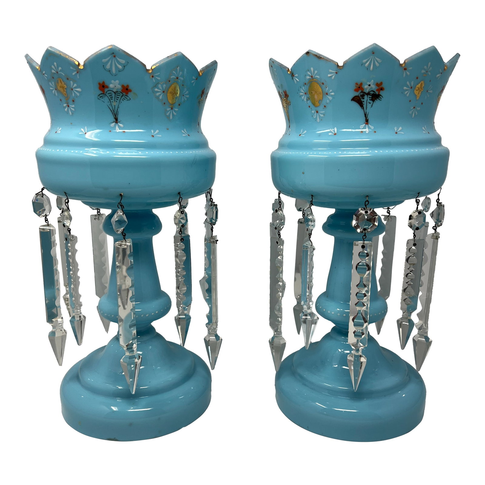 Late 19th Century Victorian Blue Opaline Glass Mantle Lusters With Cut Prisms, Pair, 14": refined matched pair of Victorian mantle lusters in luminous blue opaline glass, likely English, mid-19th century. Each stands approximately 14 inches tall and features a scalloped crown with