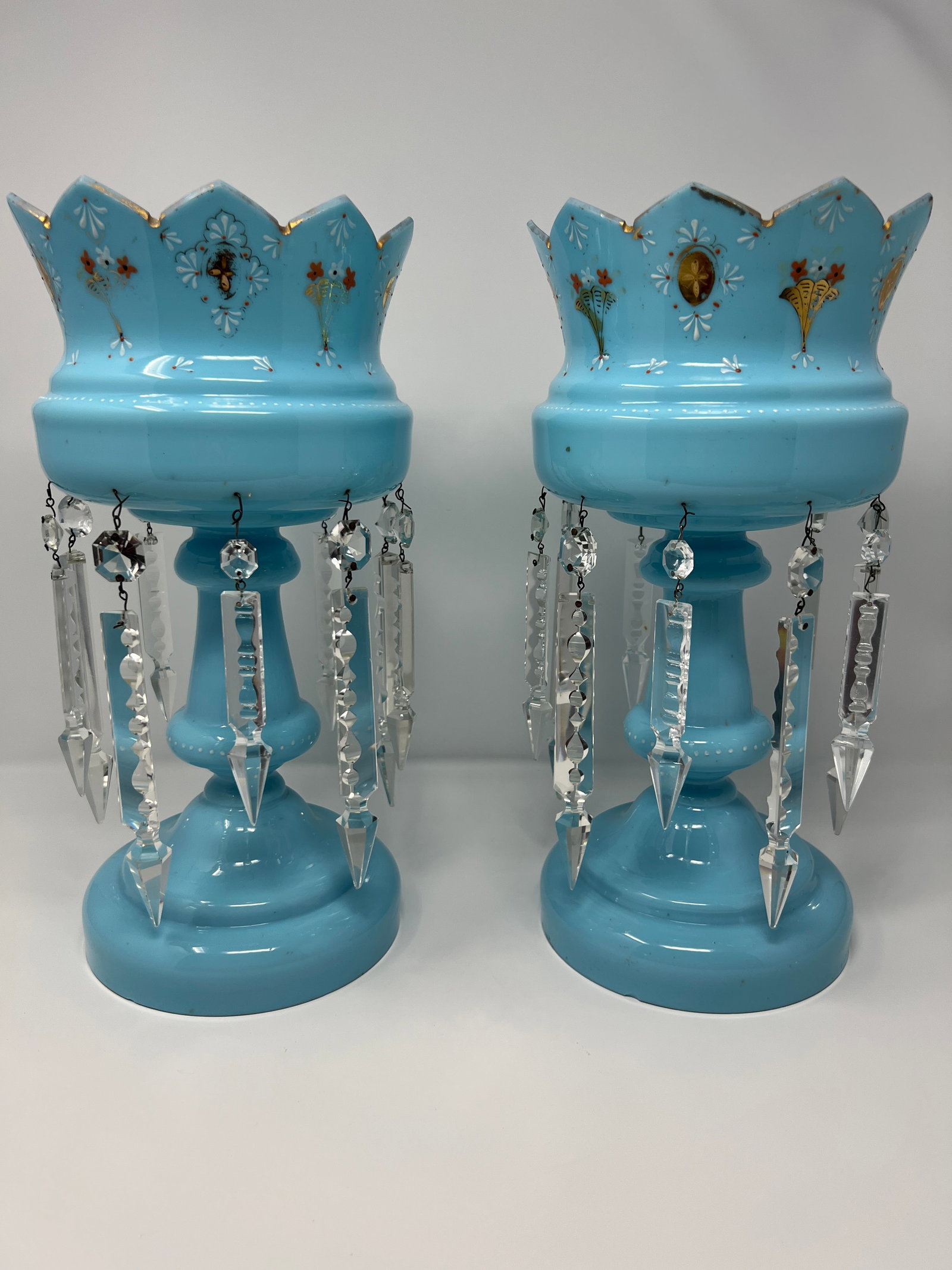 Late 19th Century Victorian Blue Opaline Glass Mantle Lusters With Cut Prisms, Pair, 14" - 3