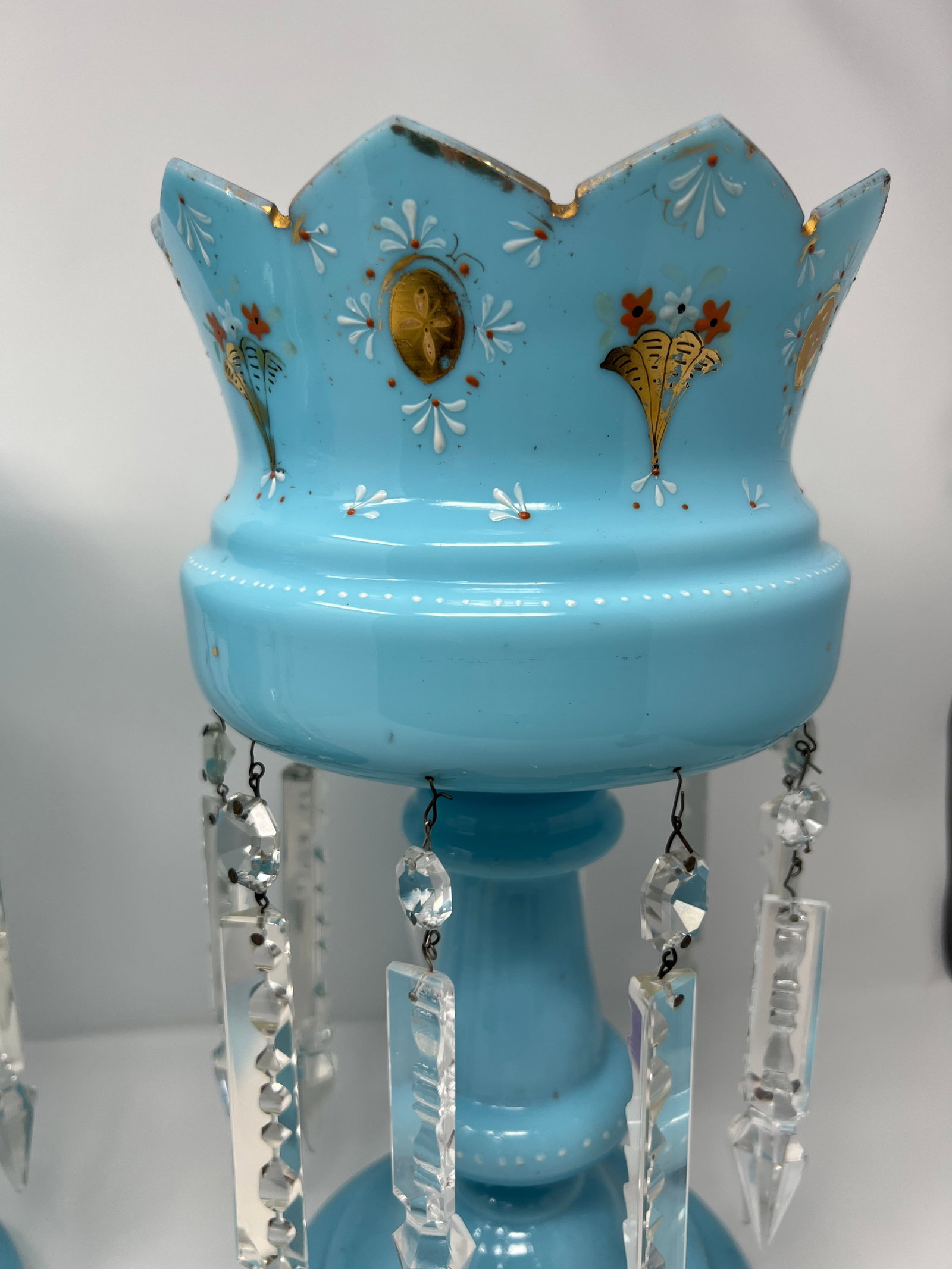 Late 19th Century Victorian Blue Opaline Glass Mantle Lusters With Cut Prisms, Pair, 14" - 5
